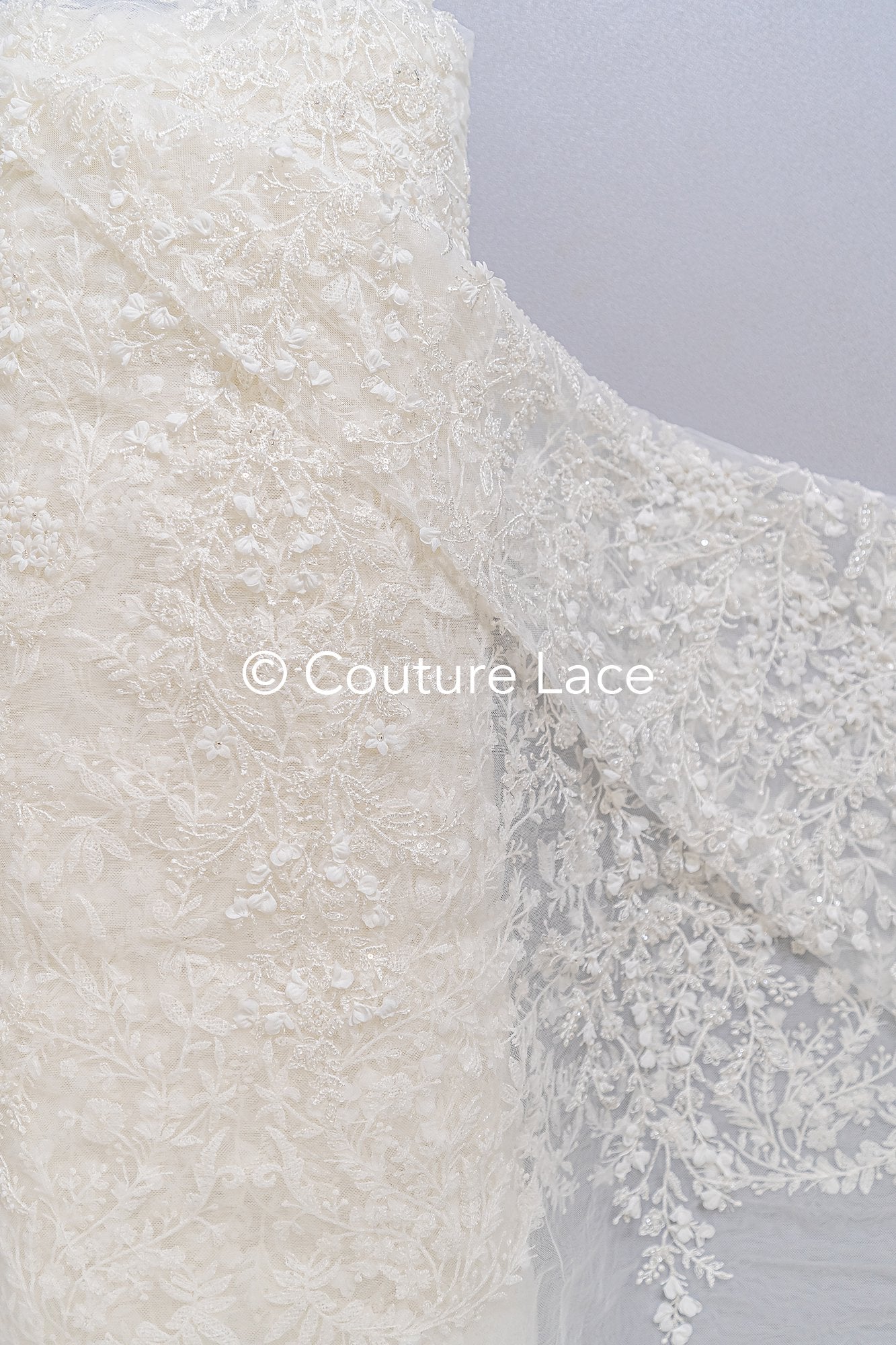 Fine bridal lace with small flowers and pearls – Handmade bridal fabric embroidery // L25-841