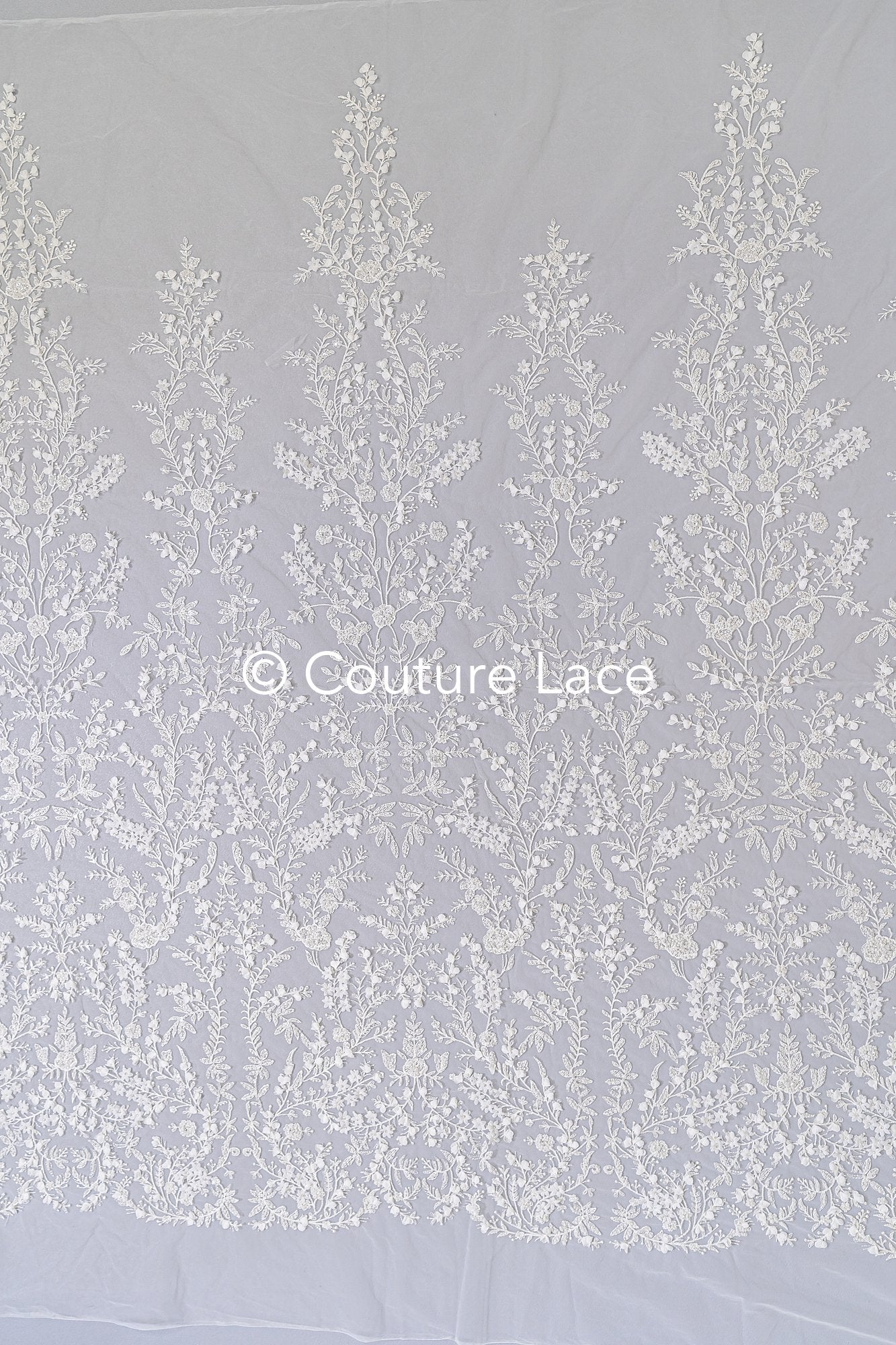 Fine bridal lace with small flowers and pearls – Handmade bridal fabric embroidery // L25-841