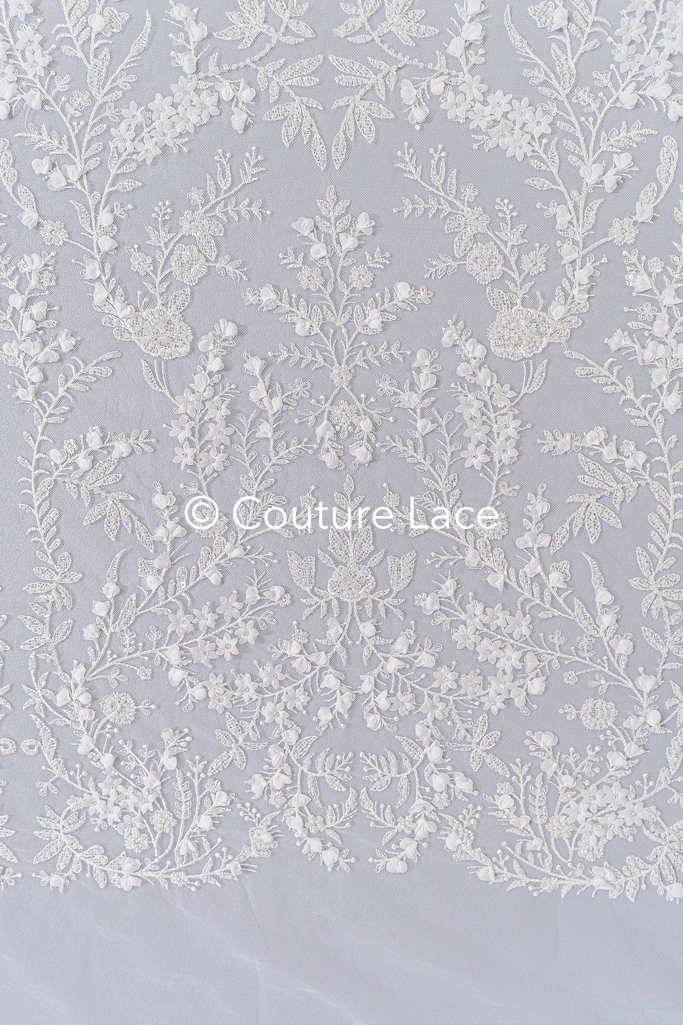 Fine bridal lace with small flowers and pearls – Handmade bridal fabric embroidery // L25-841