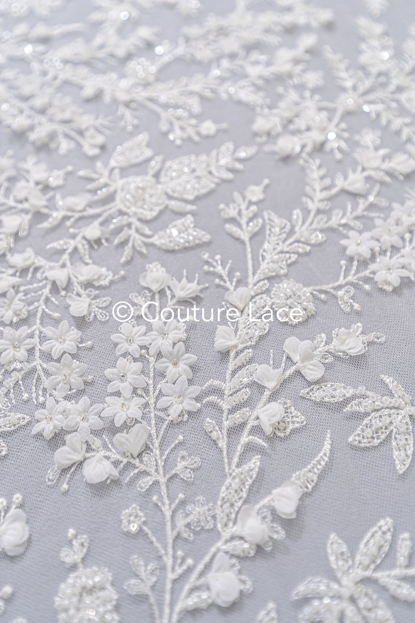 Fine bridal lace with small flowers and pearls – Handmade bridal fabric embroidery // L25-841