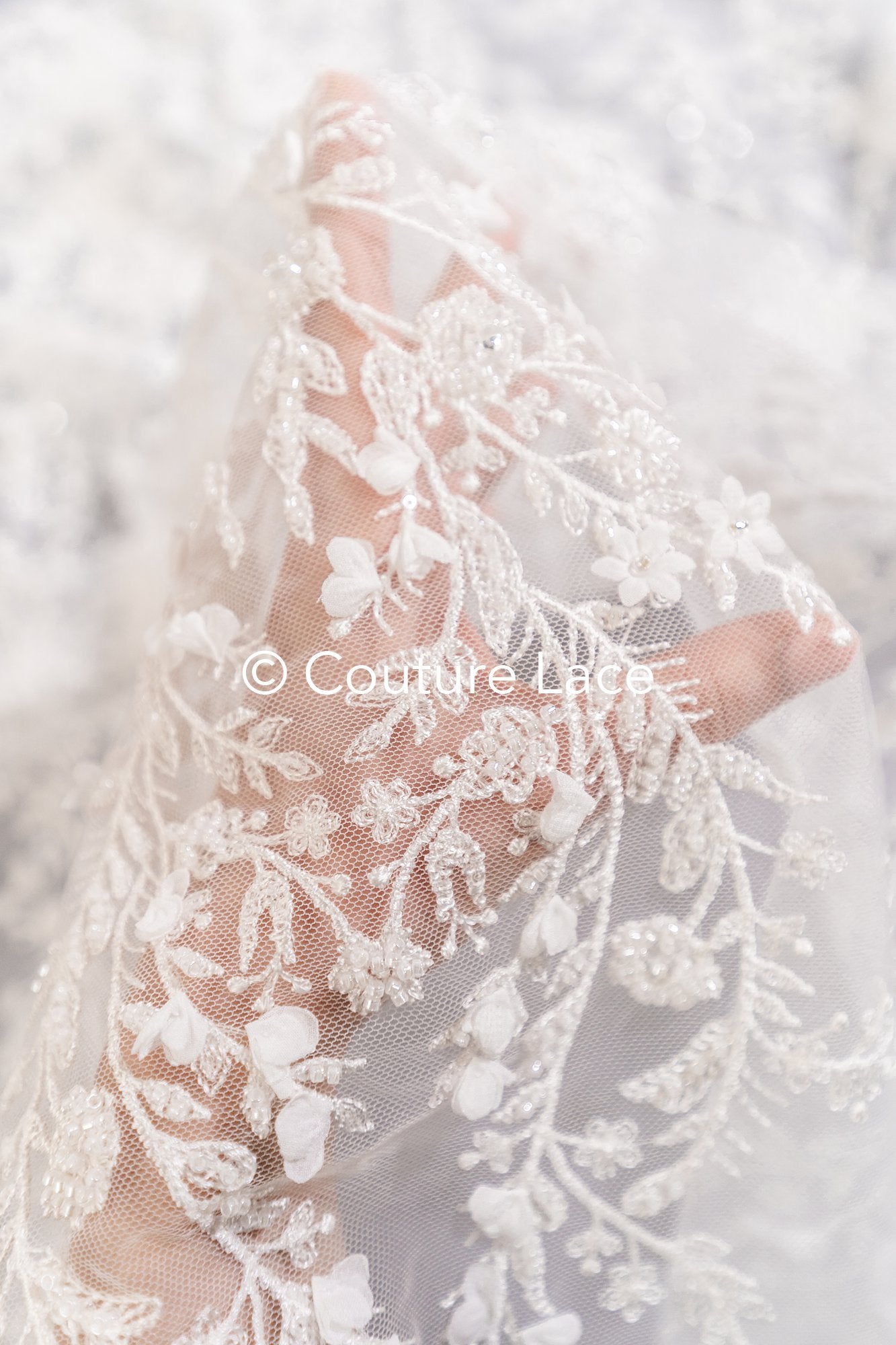Fine bridal lace with small flowers and pearls – Handmade bridal fabric embroidery // L25-841
