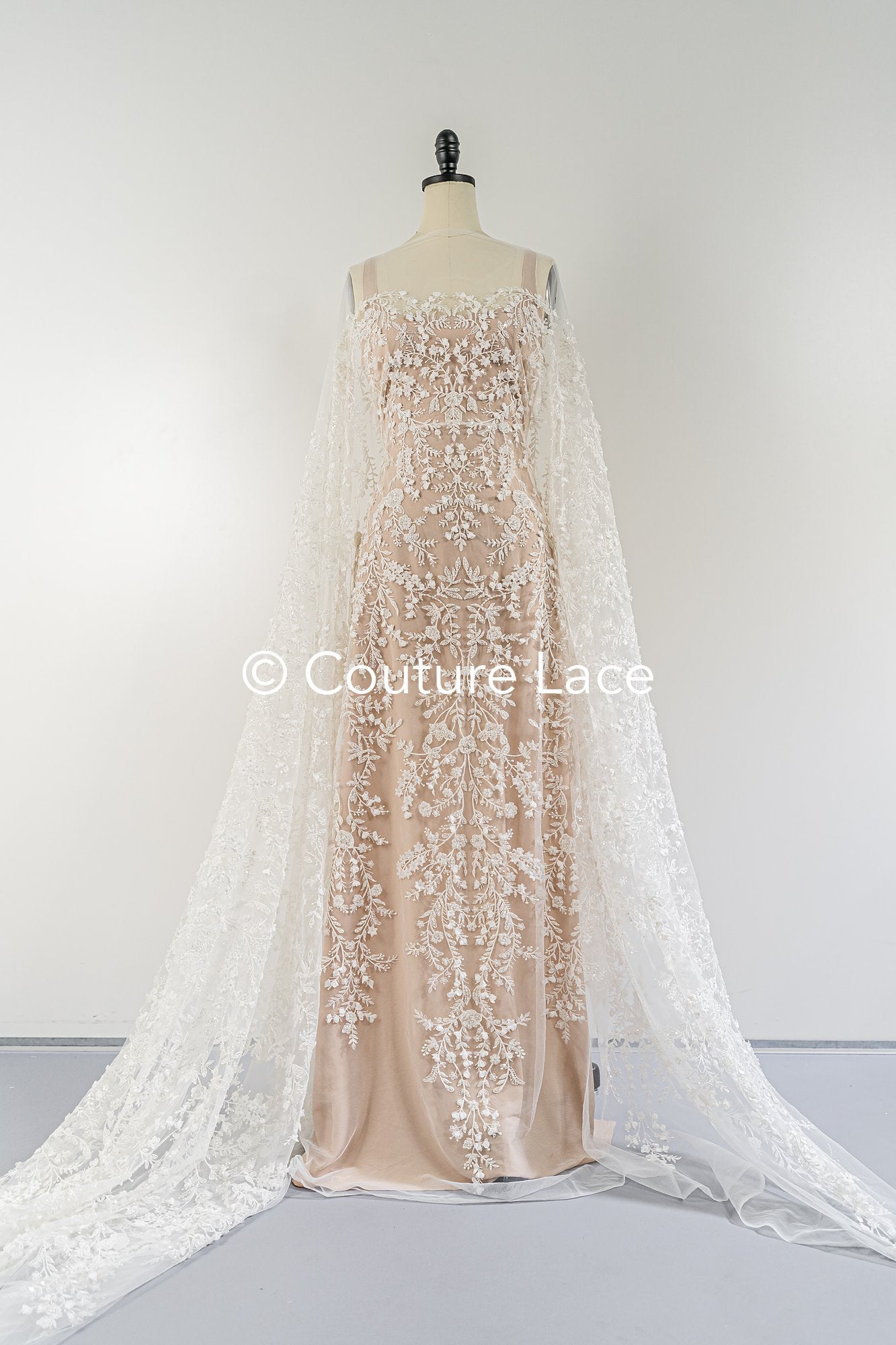 Fine bridal lace with small flowers and pearls – Handmade bridal fabric embroidery // L25-841