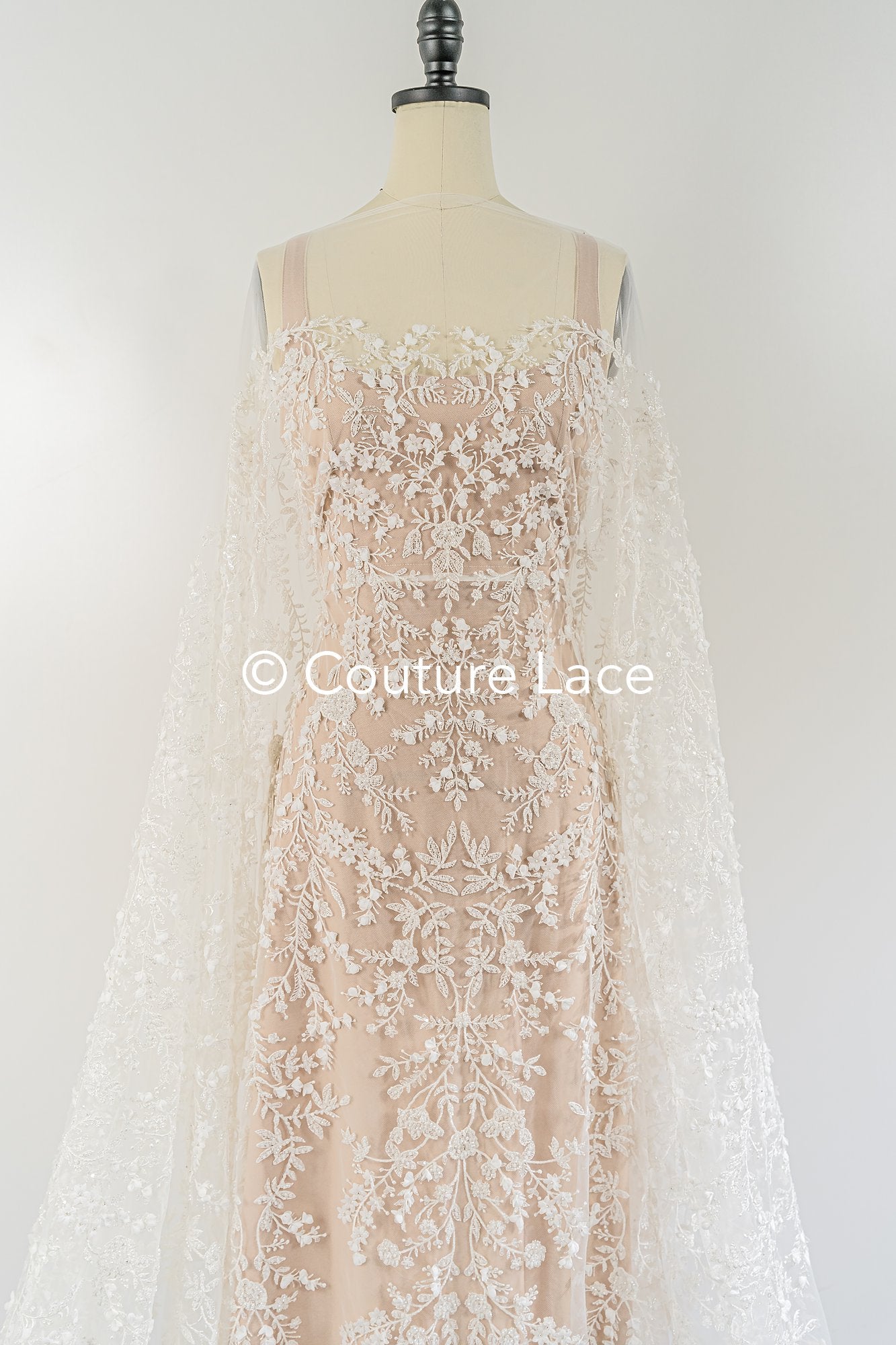 Fine bridal lace with small flowers and pearls – Handmade bridal fabric embroidery // L25-841