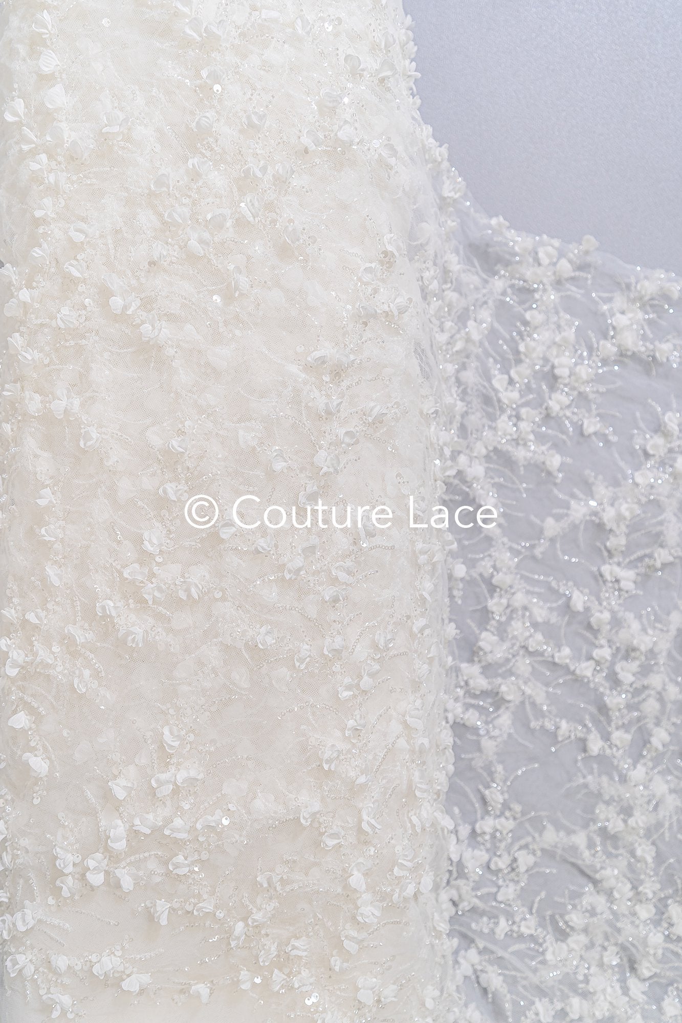 Fine bridal lace with small flowers and pearls – Handmade bridal fabric embroidery // L25-842