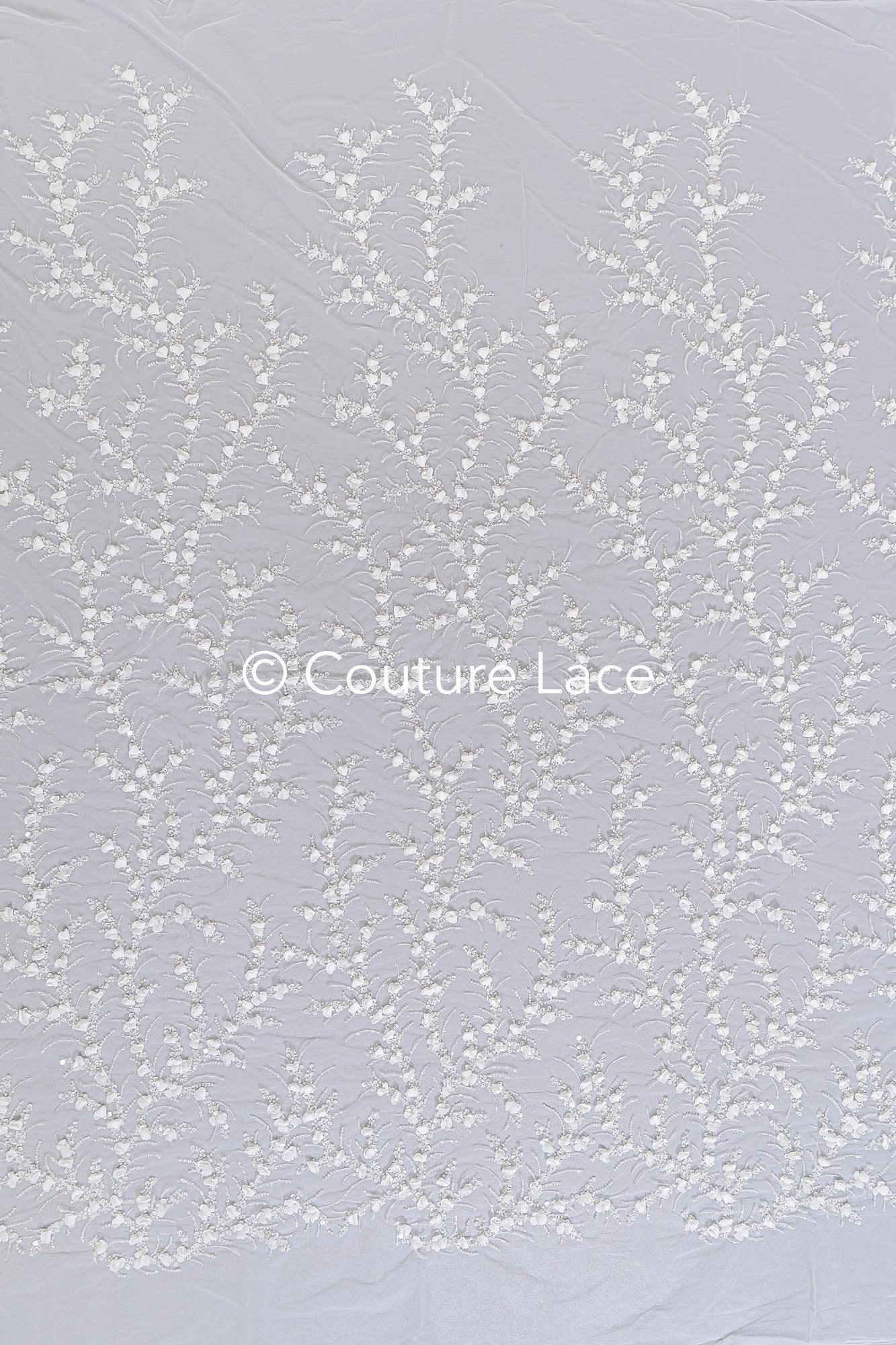 Fine bridal lace with small flowers and pearls – Handmade bridal fabric embroidery // L25-842