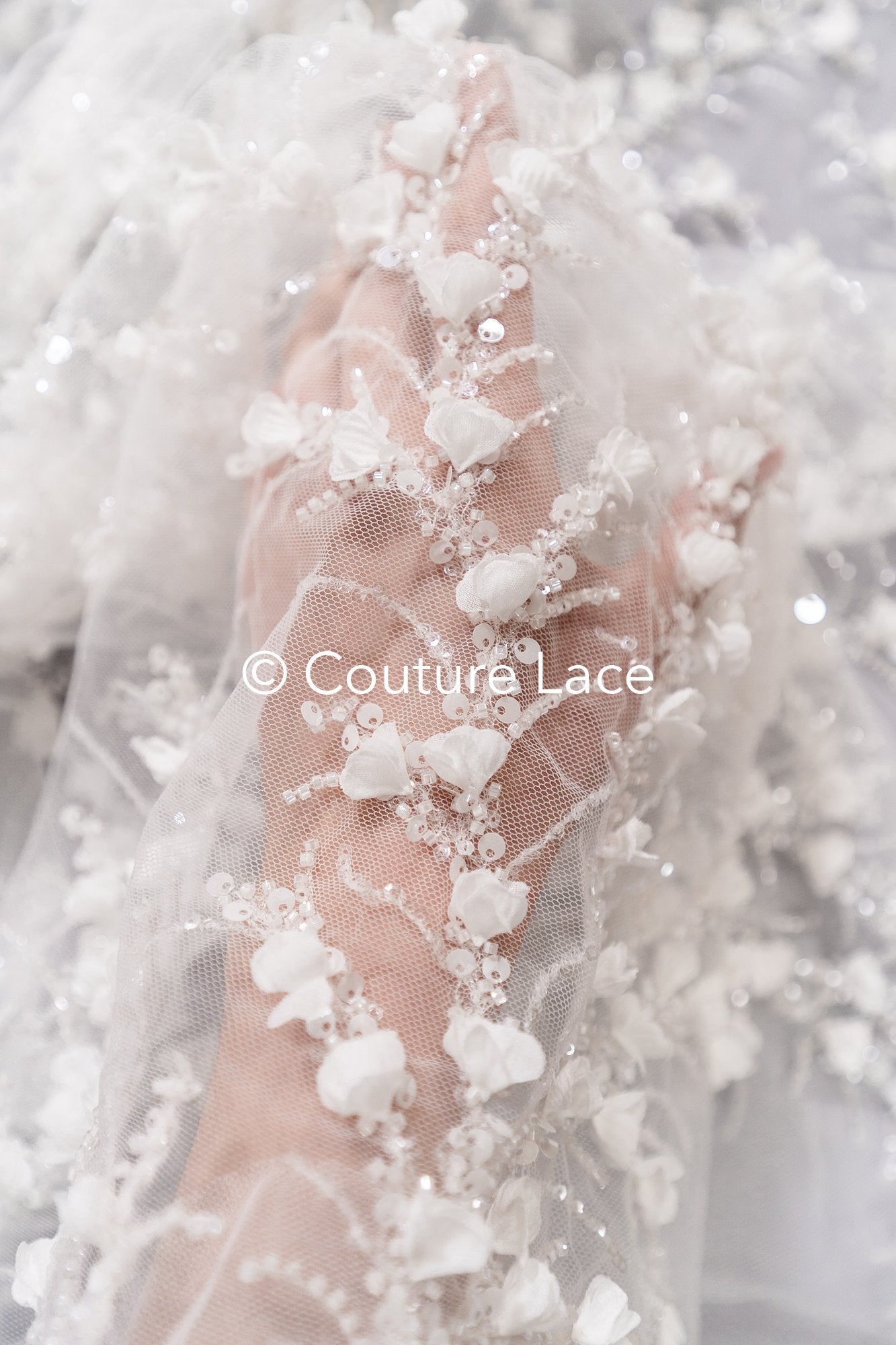 Fine bridal lace with small flowers and pearls – Handmade bridal fabric embroidery // L25-842