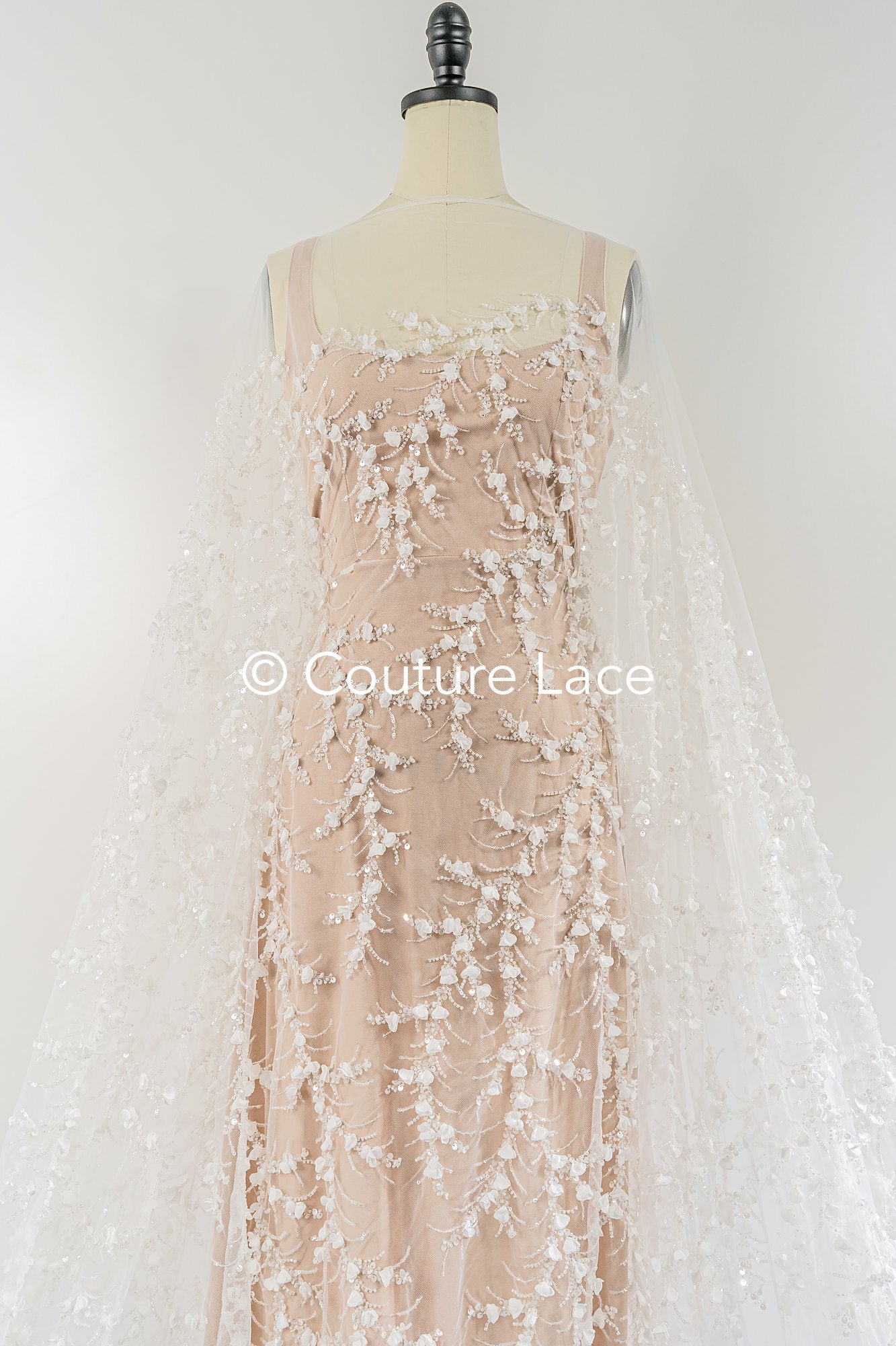 Fine bridal lace with small flowers and pearls – Handmade bridal fabric embroidery // L25-842