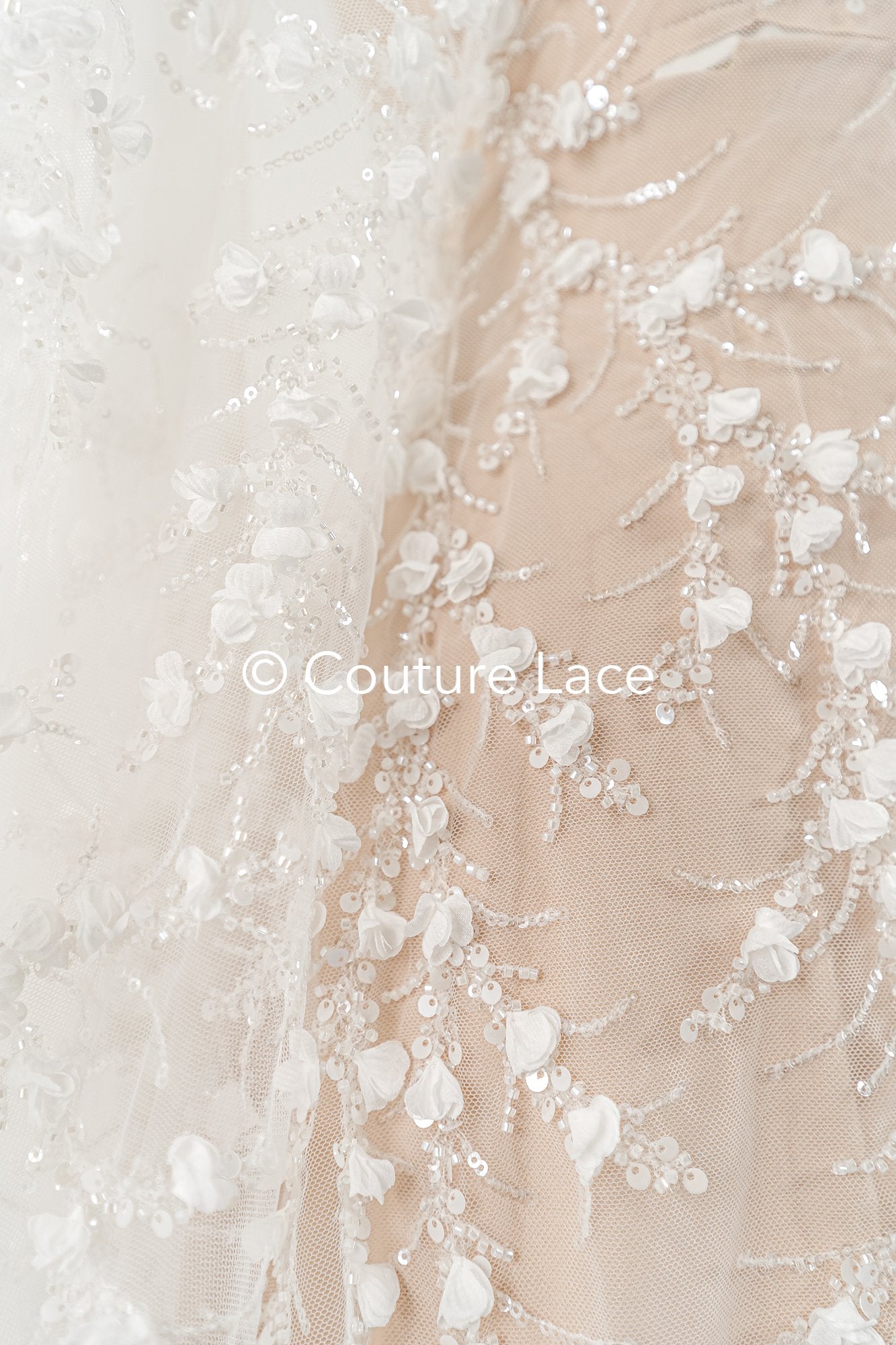 Fine bridal lace with small flowers and pearls – Handmade bridal fabric embroidery // L25-842
