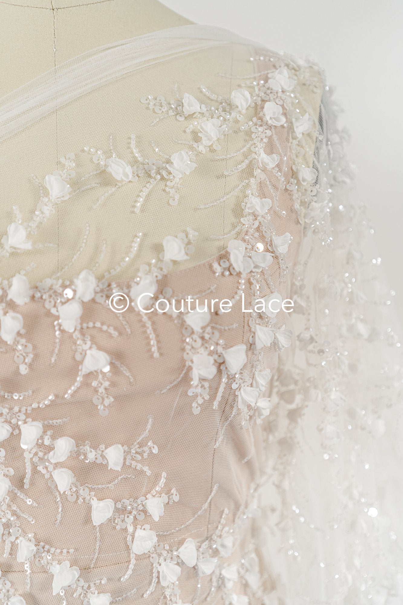 Fine bridal lace with small flowers and pearls – Handmade bridal fabric embroidery // L25-842