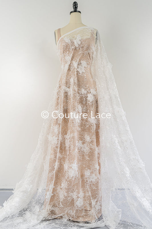 Elegante Spitze mit floralen 3D Blumen und Perlen – Handgefertigte Brautstoff-Stickerei // L25-843