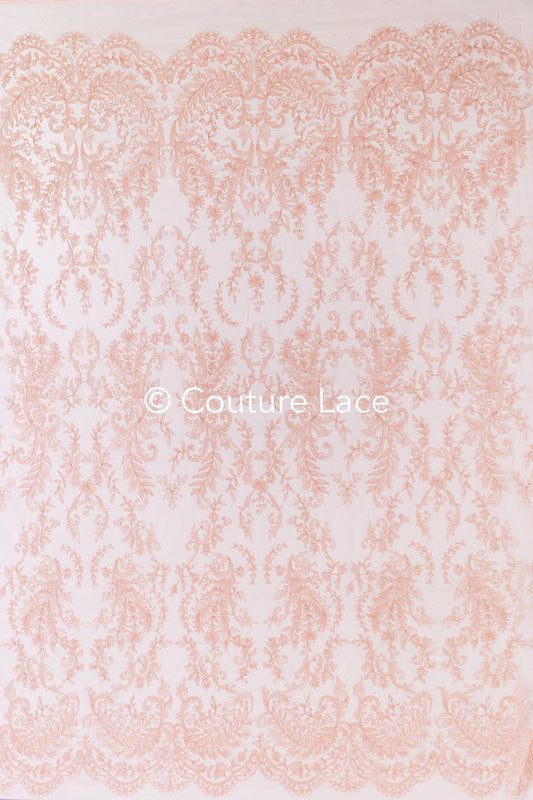 Super romantisch weich-pfirsich Braut Spitzenstoff mit verschnörkelt-floralem filigranem Muster, weicher Rosé Spitzenstoff, Dessous Spitze// L21-412PH