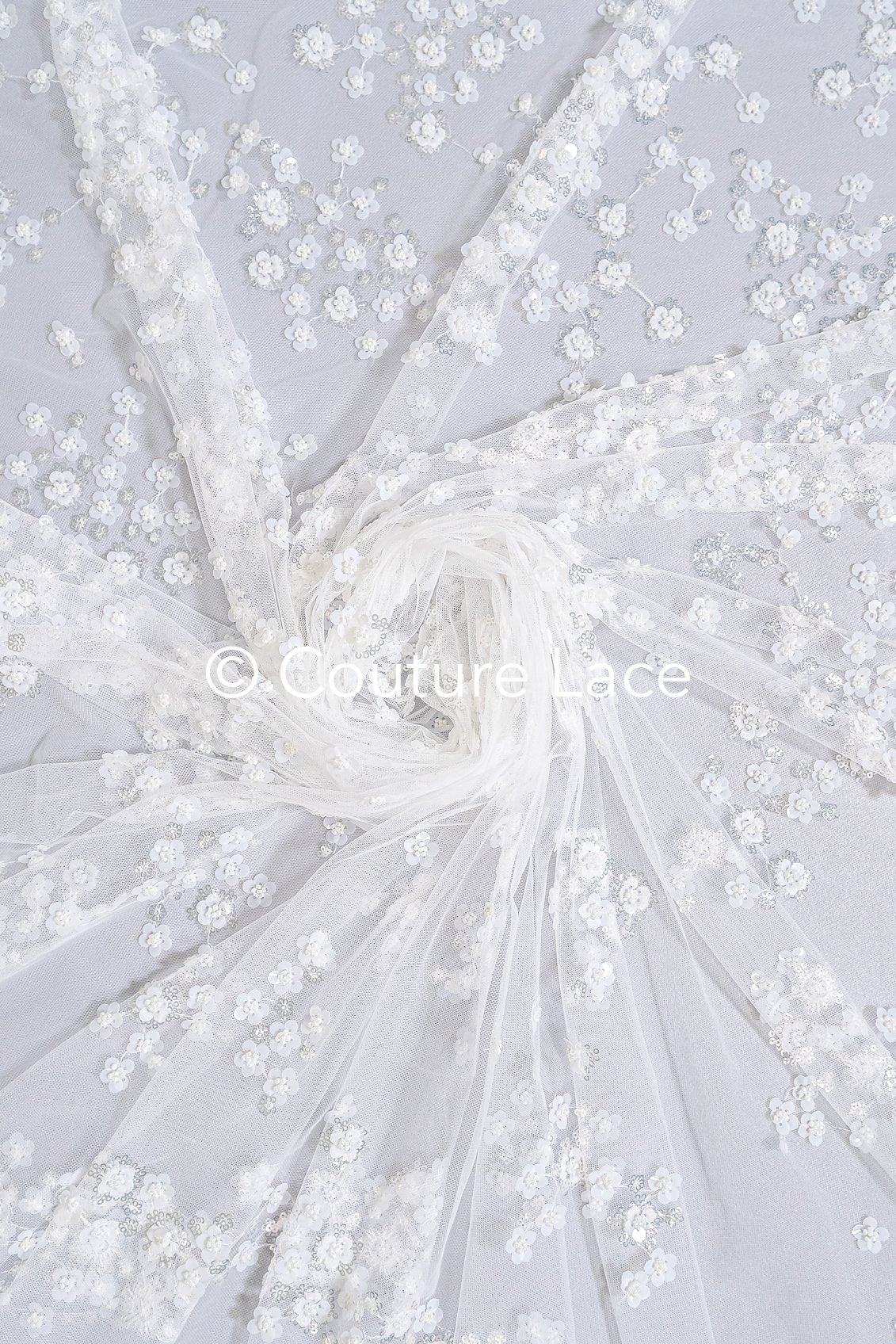 Floral pearl lace fabric off-white silver/ Bridal lace fabric with pearls & sequins/ Bridal lace with flowers// L22-451