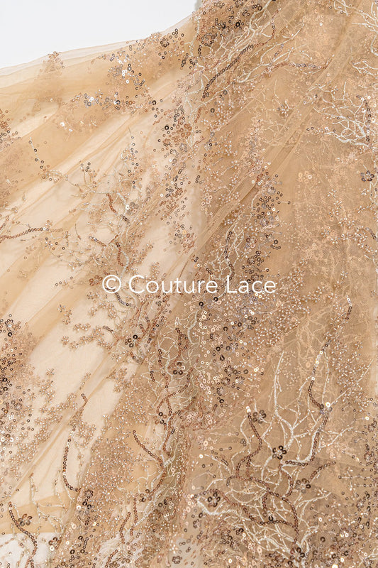 Rose Gold Spitze mit Perlen/ perlenbesetzter Couture Spitzenstoff/ kupfer Spitzenstoff/ Abendkleid Perlen Stoff// L22-488