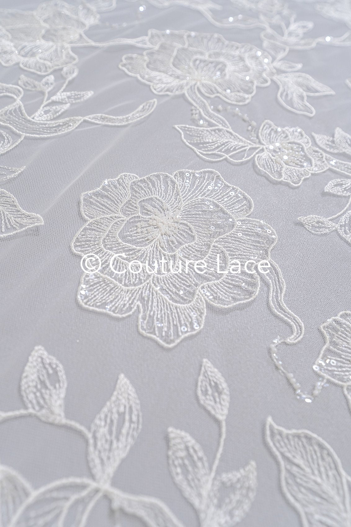 Floral bridal lace off-white/ bridal lace with pearls & sequins/ bridal lace fabric/ floral wedding lace with sequins/ couture lace// L23-578
