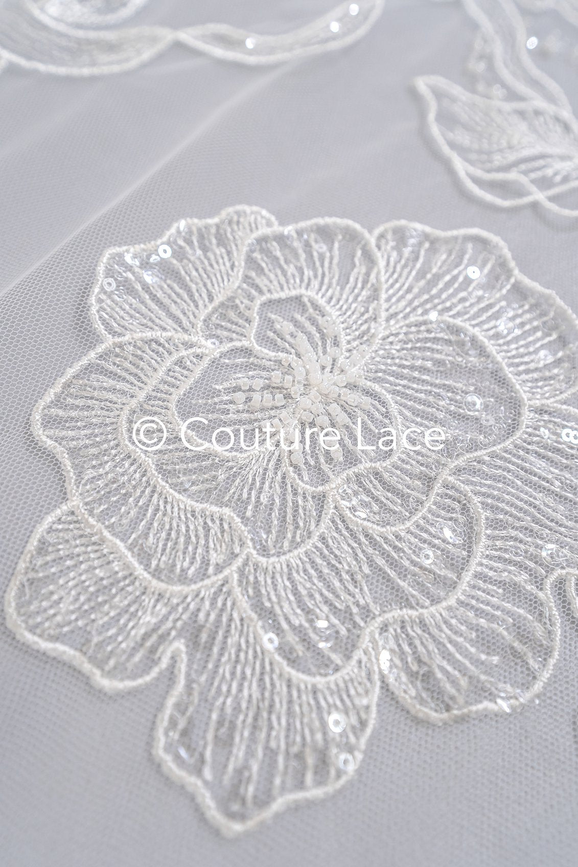 Floral bridal lace off-white/ bridal lace with pearls & sequins/ bridal lace fabric/ floral wedding lace with sequins/ couture lace// L23-578