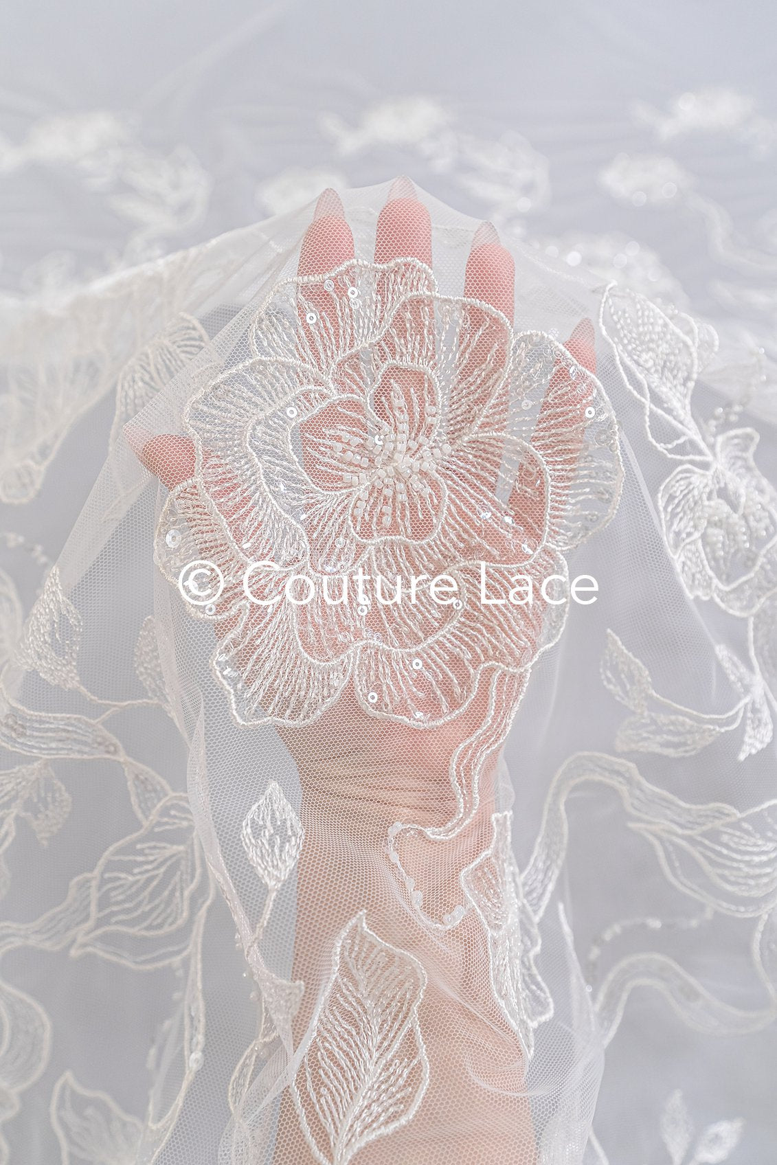 Floral bridal lace off-white/ bridal lace with pearls & sequins/ bridal lace fabric/ floral wedding lace with sequins/ couture lace// L23-578