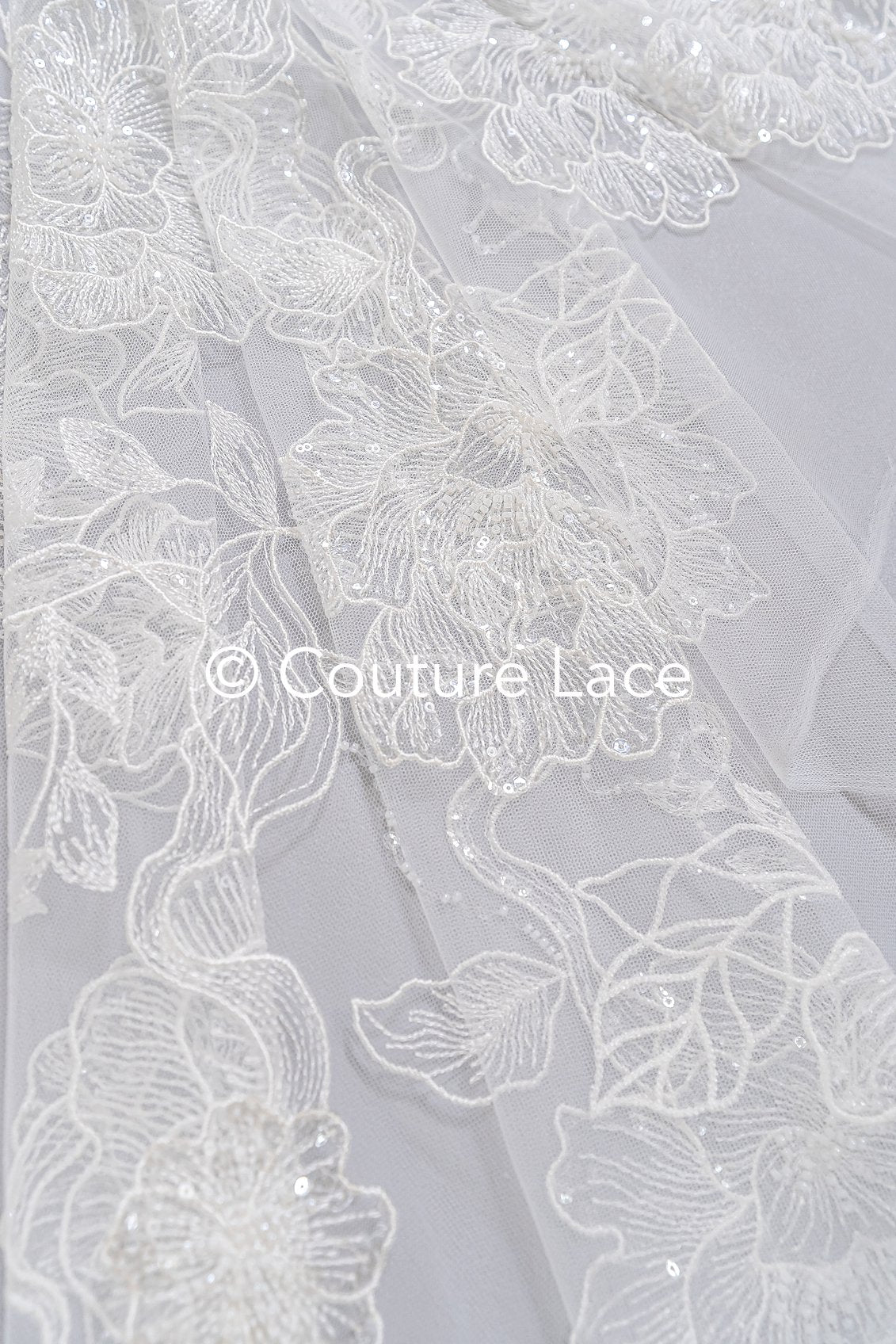 Floral bridal lace off-white/ bridal lace with pearls & sequins/ bridal lace fabric/ floral wedding lace with sequins/ couture lace// L23-578