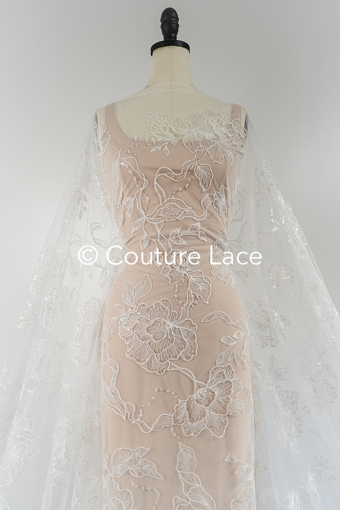 Floral bridal lace off-white/ bridal lace with pearls & sequins/ bridal lace fabric/ floral wedding lace with sequins/ couture lace// L23-578