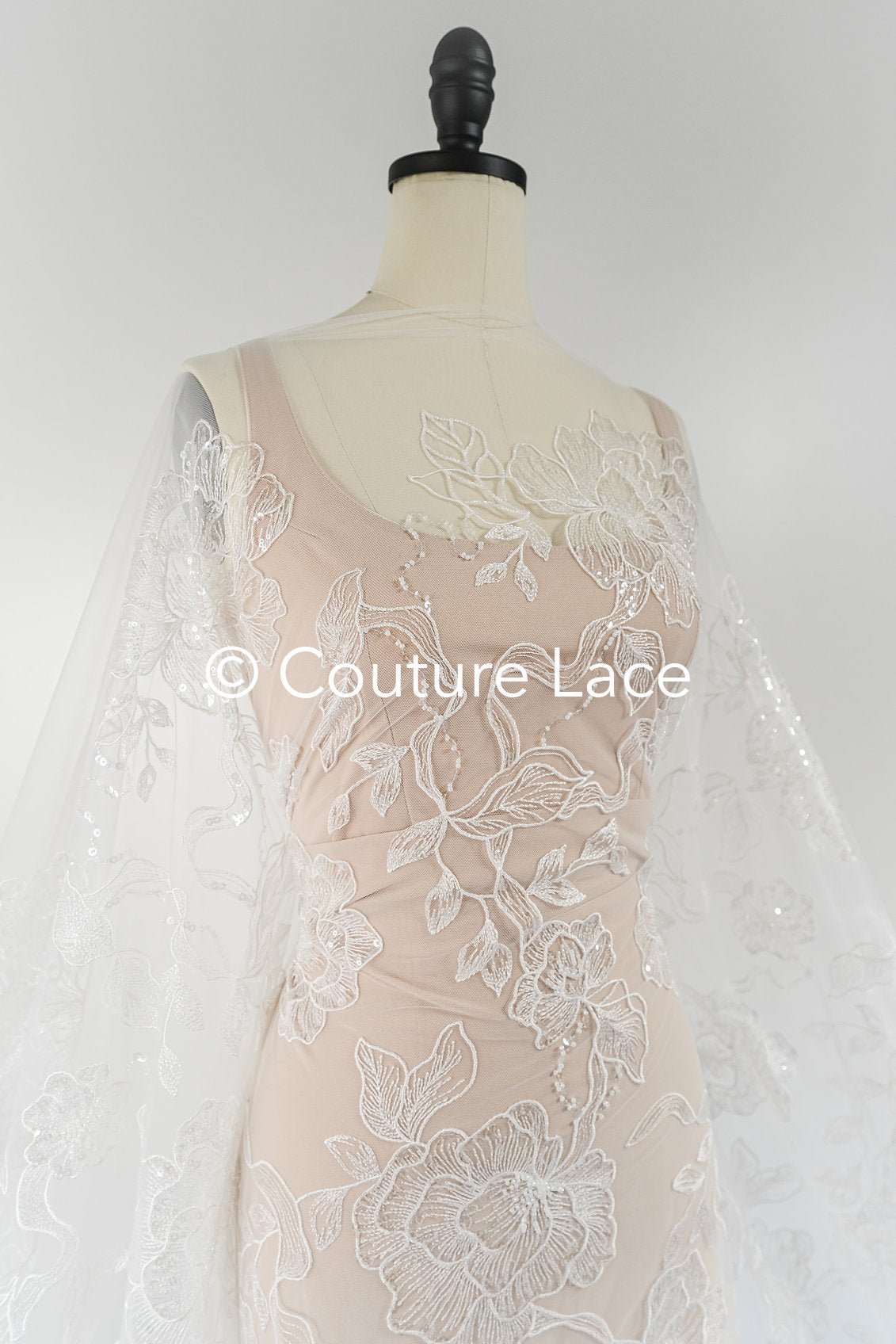 Floral bridal lace off-white/ bridal lace with pearls & sequins/ bridal lace fabric/ floral wedding lace with sequins/ couture lace// L23-578