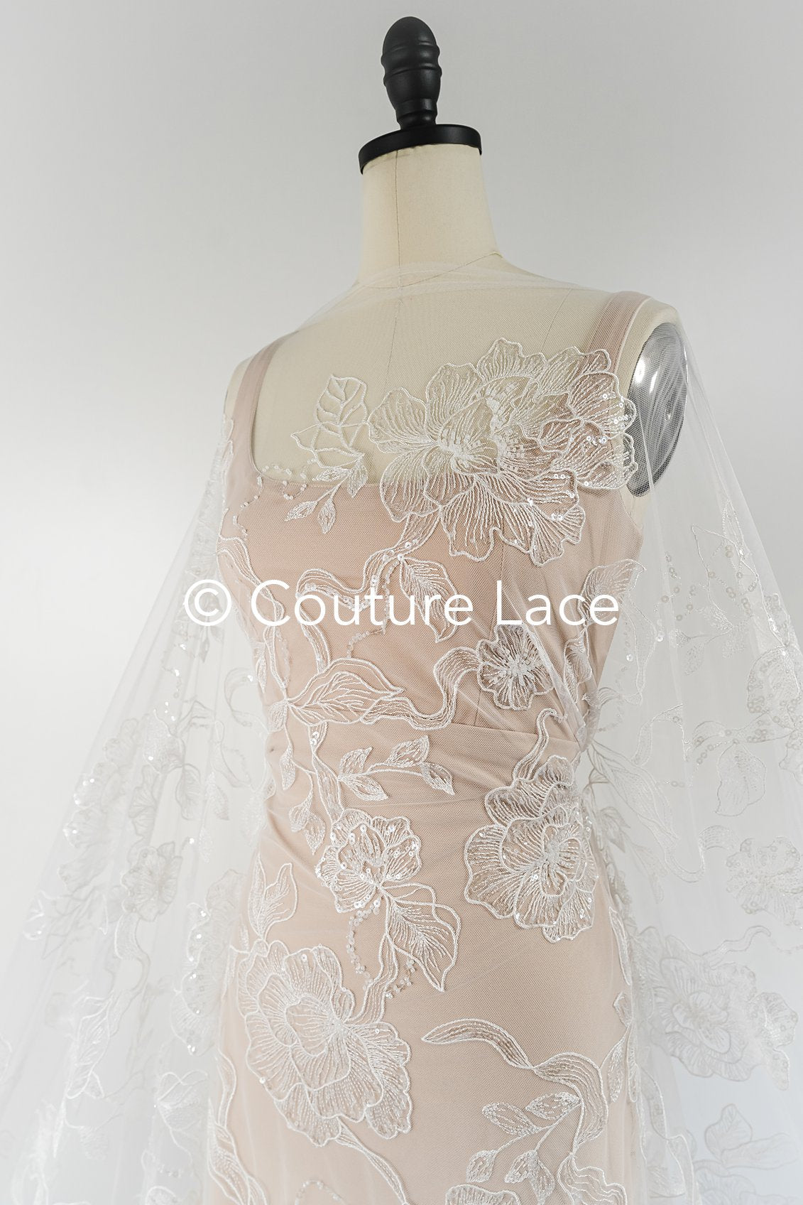 Floral bridal lace off-white/ bridal lace with pearls & sequins/ bridal lace fabric/ floral wedding lace with sequins/ couture lace// L23-578