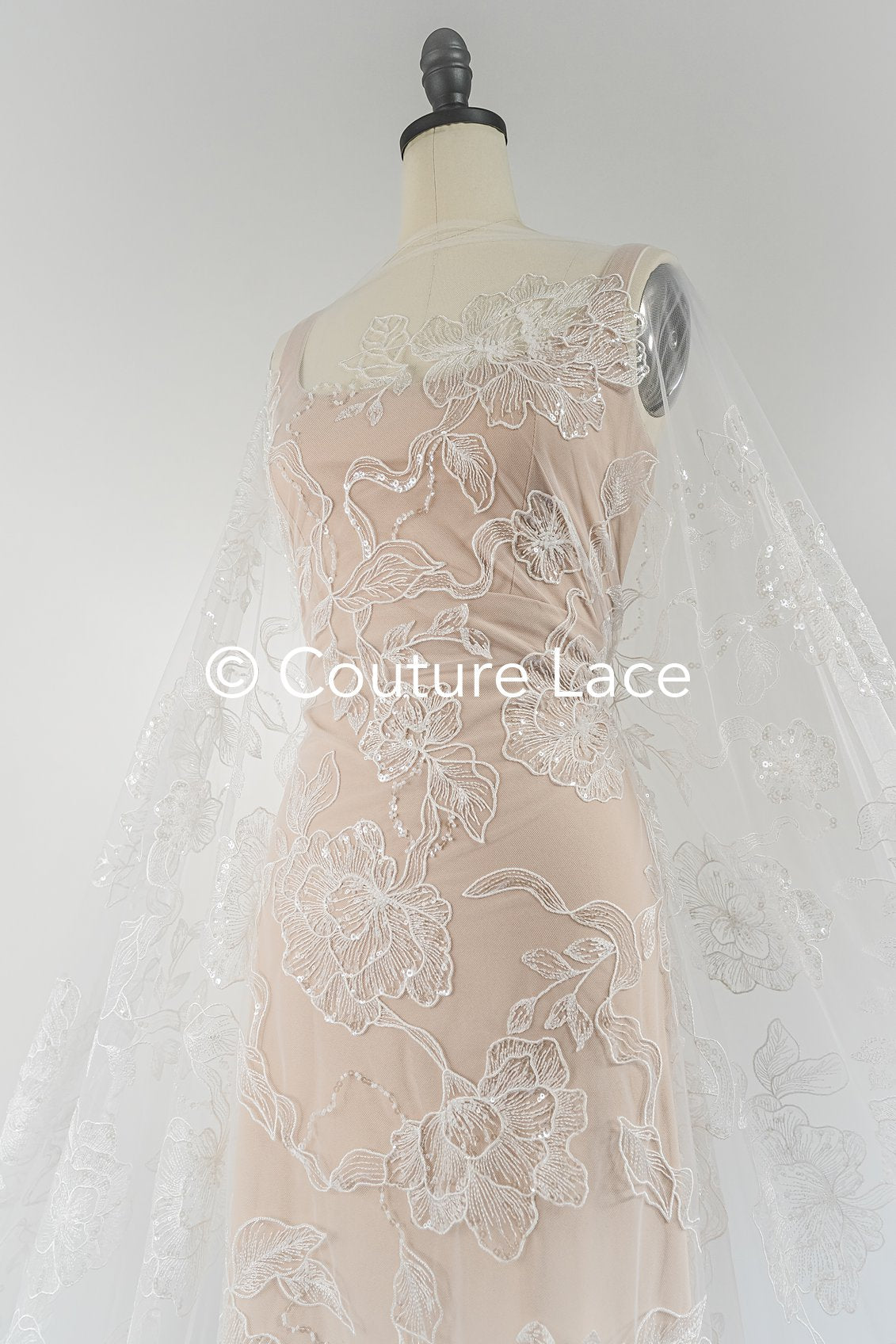 Floral bridal lace off-white/ bridal lace with pearls & sequins/ bridal lace fabric/ floral wedding lace with sequins/ couture lace// L23-578