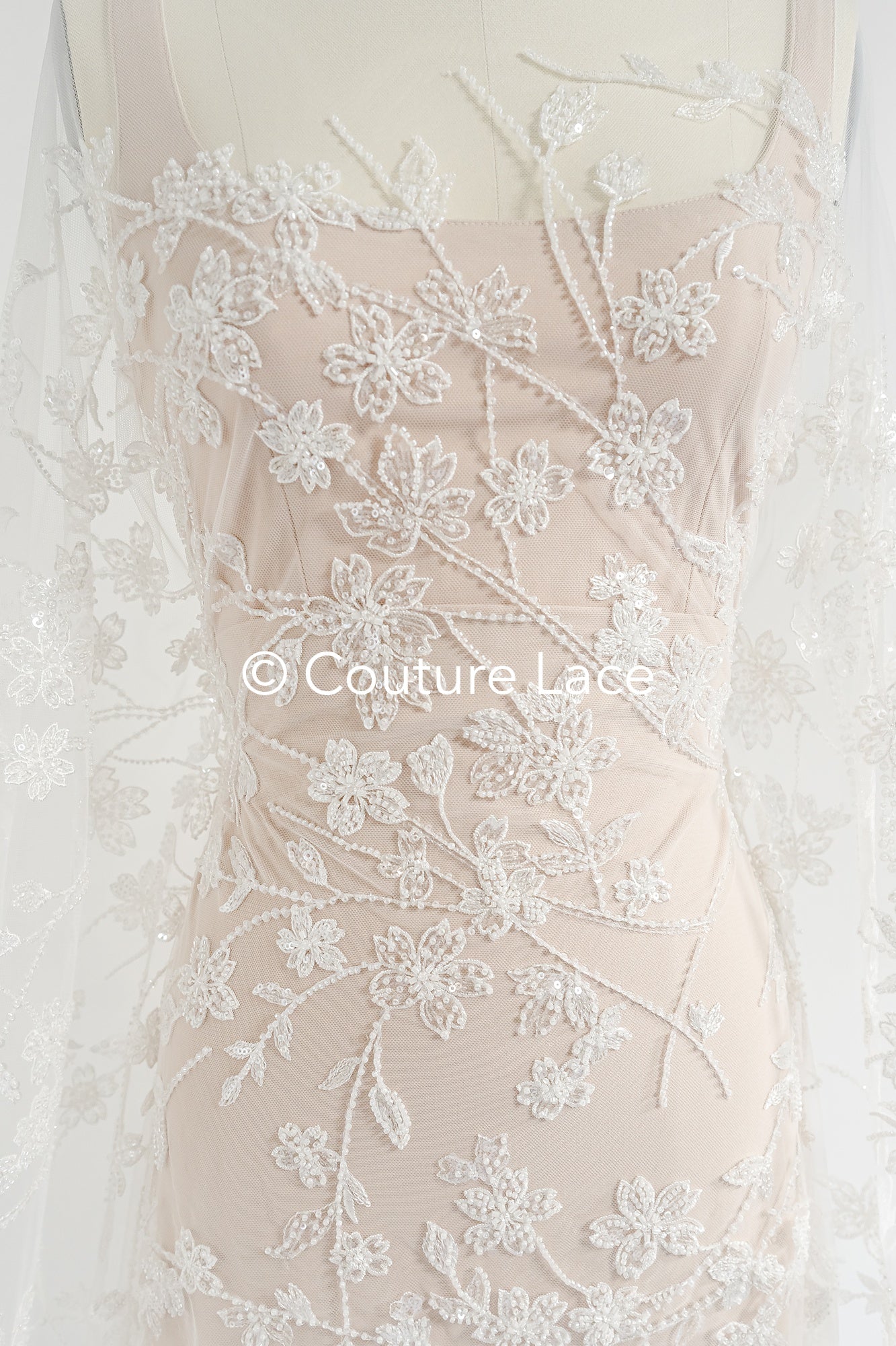 pearl lace fabric/ couture lace fabric/ floral bridal lace fabric/ pearl lace fabric// L24-679