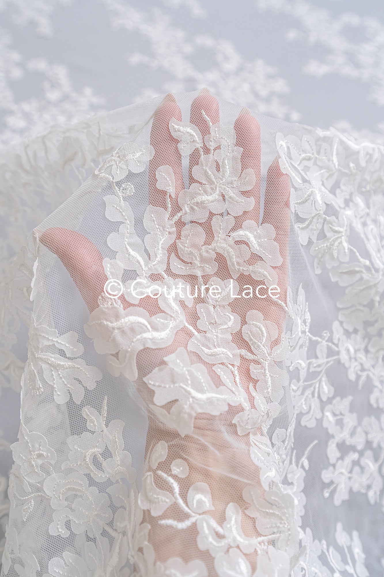 Floral bridal lace/ Bridal lace fabric/ Off-white bridal lace/ Lace with 3D flowers/ Couture lace/ L24-680