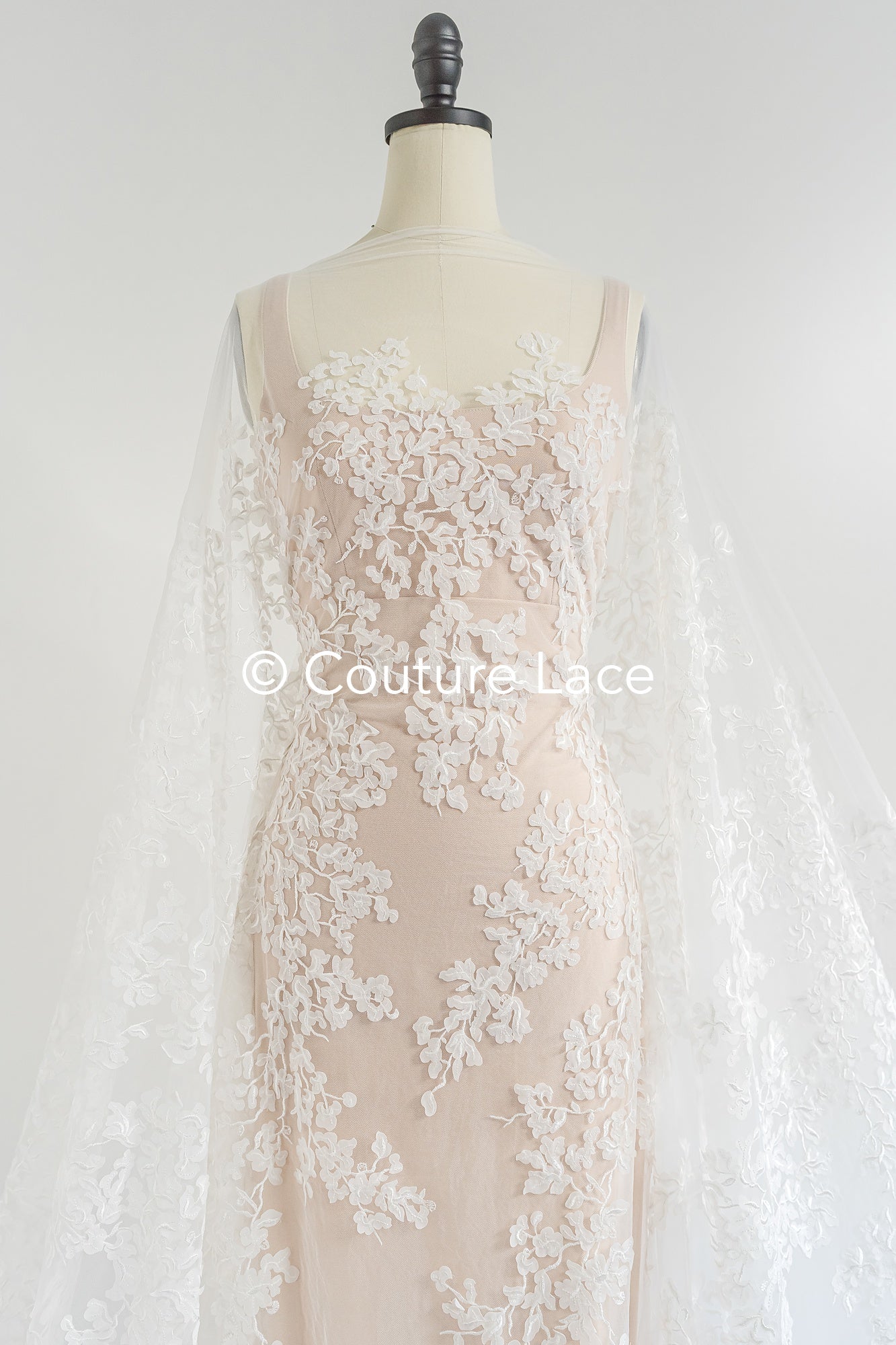 Floral bridal lace/ Bridal lace fabric/ Off-white bridal lace/ Lace with 3D flowers/ Couture lace/ L24-680