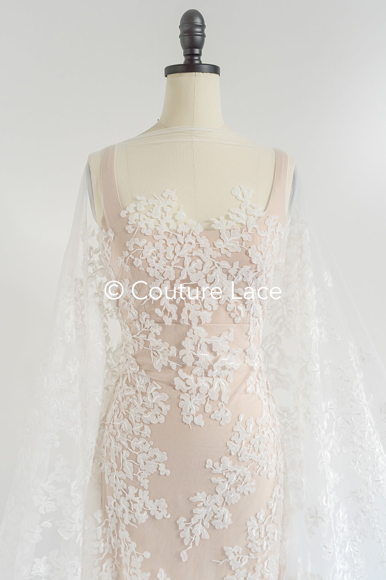 Floral bridal lace/ Bridal lace fabric/ Off-white bridal lace/ Lace with 3D flowers/ Couture lace/ L24-680
