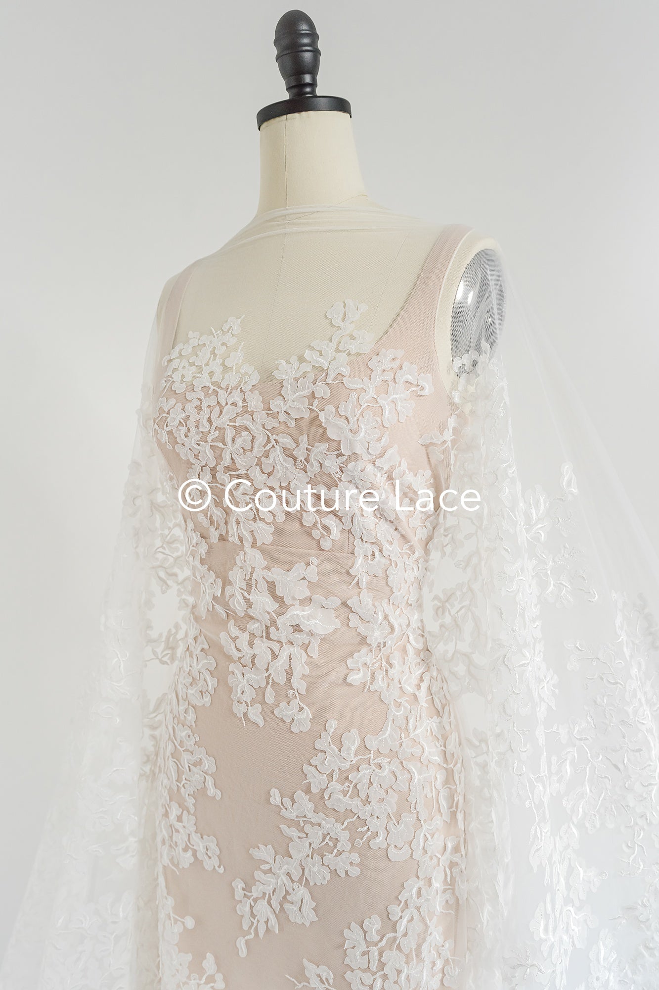 Floral bridal lace/ Bridal lace fabric/ Off-white bridal lace/ Lace with 3D flowers/ Couture lace/ L24-680