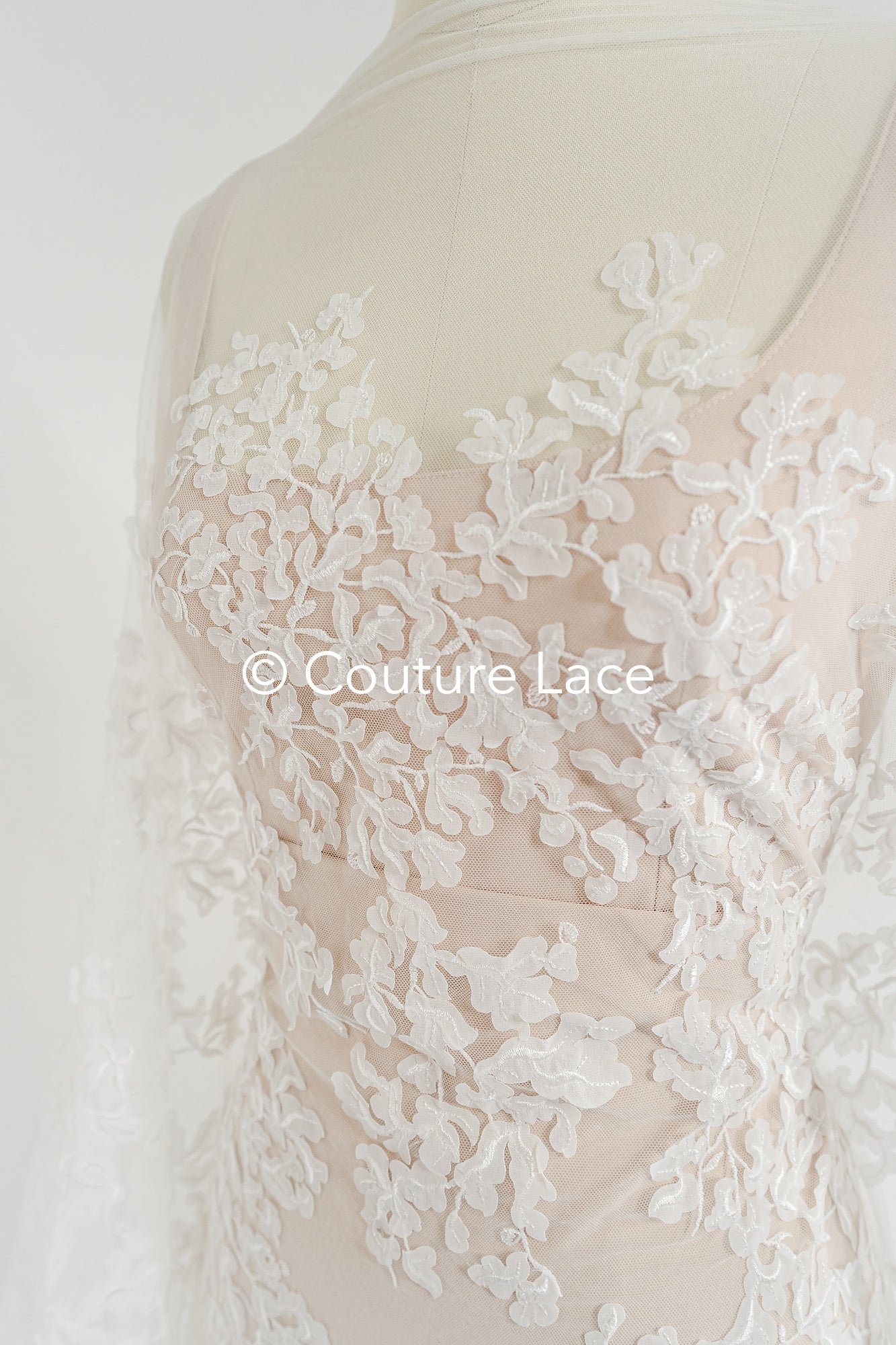 Floral bridal lace/ Bridal lace fabric/ Off-white bridal lace/ Lace with 3D flowers/ Couture lace/ L24-680