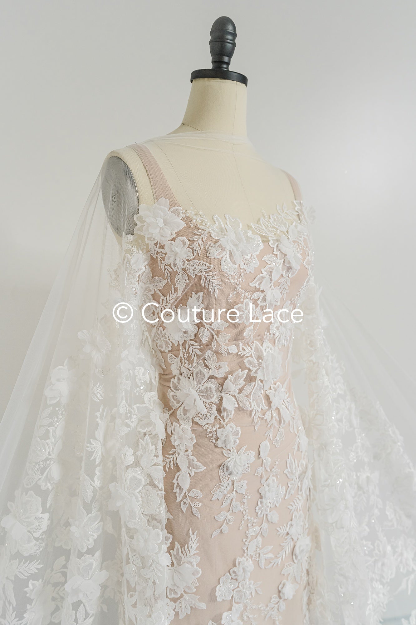 3D flower lace fabric/ French bridal lace fabric/ Romantic floral lace fabric with 3D flowers/ Wedding lace fabric// L24-694
