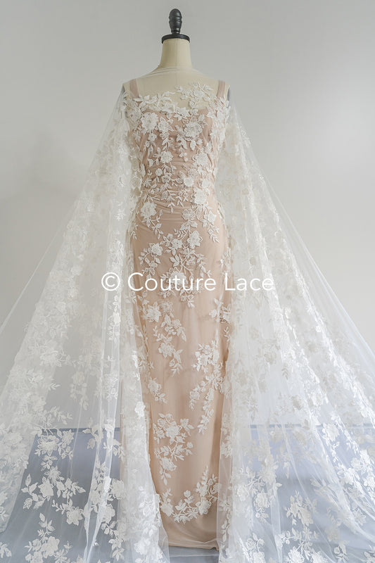 3D Blumen-Spitzenstoff/ Französischer Braut-Spitzenstoff/ Romantischer Blumen-Spitzenstoff mit 3D Blumen/ Hochzeitsspitzenstoff// L24-696