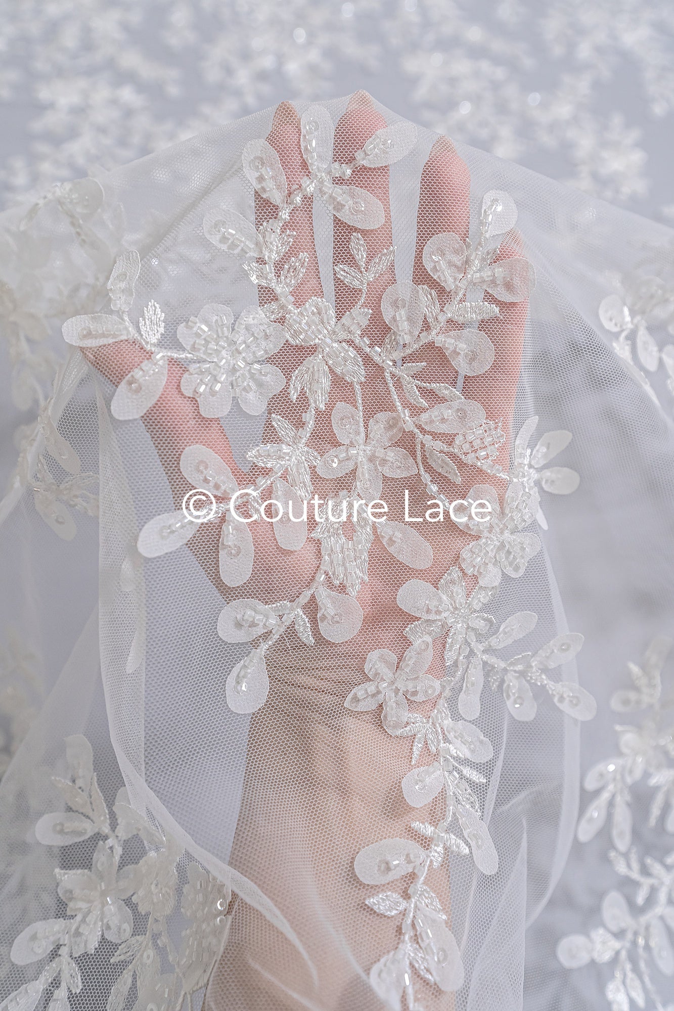 3D flower lace fabric/ French bridal lace fabric/ Romantic floral lace fabric with 3D flowers/ Wedding lace fabric// L24-699
