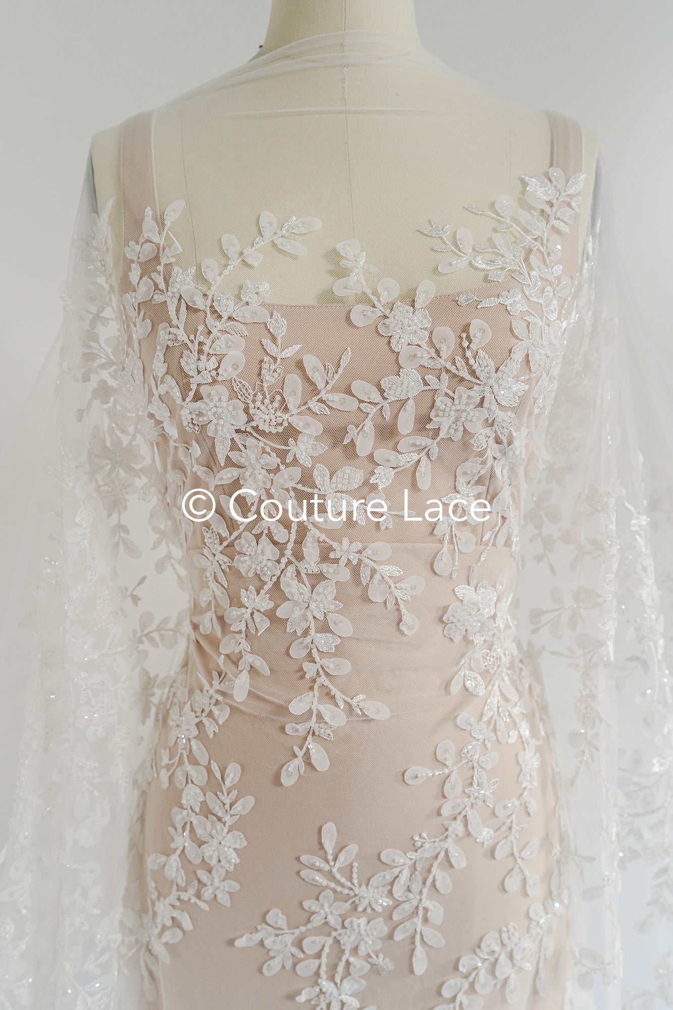 3D flower lace fabric/ French bridal lace fabric/ Romantic floral lace fabric with 3D flowers/ Wedding lace fabric// L24-699