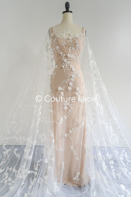 3D Blumen-Spitzenstoff/ Braut-Spitzenstoff/ Romantischer Spitzenstoff mit 3D Blumen & Punkten// L24-702