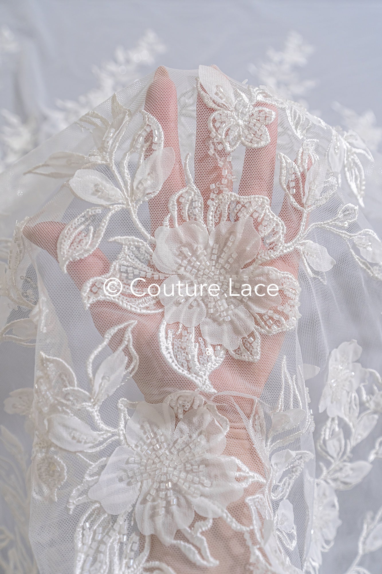 3D flower lace fabric/ bridal lace fabric/ romantic lace fabric with 3D flowers// L24-704