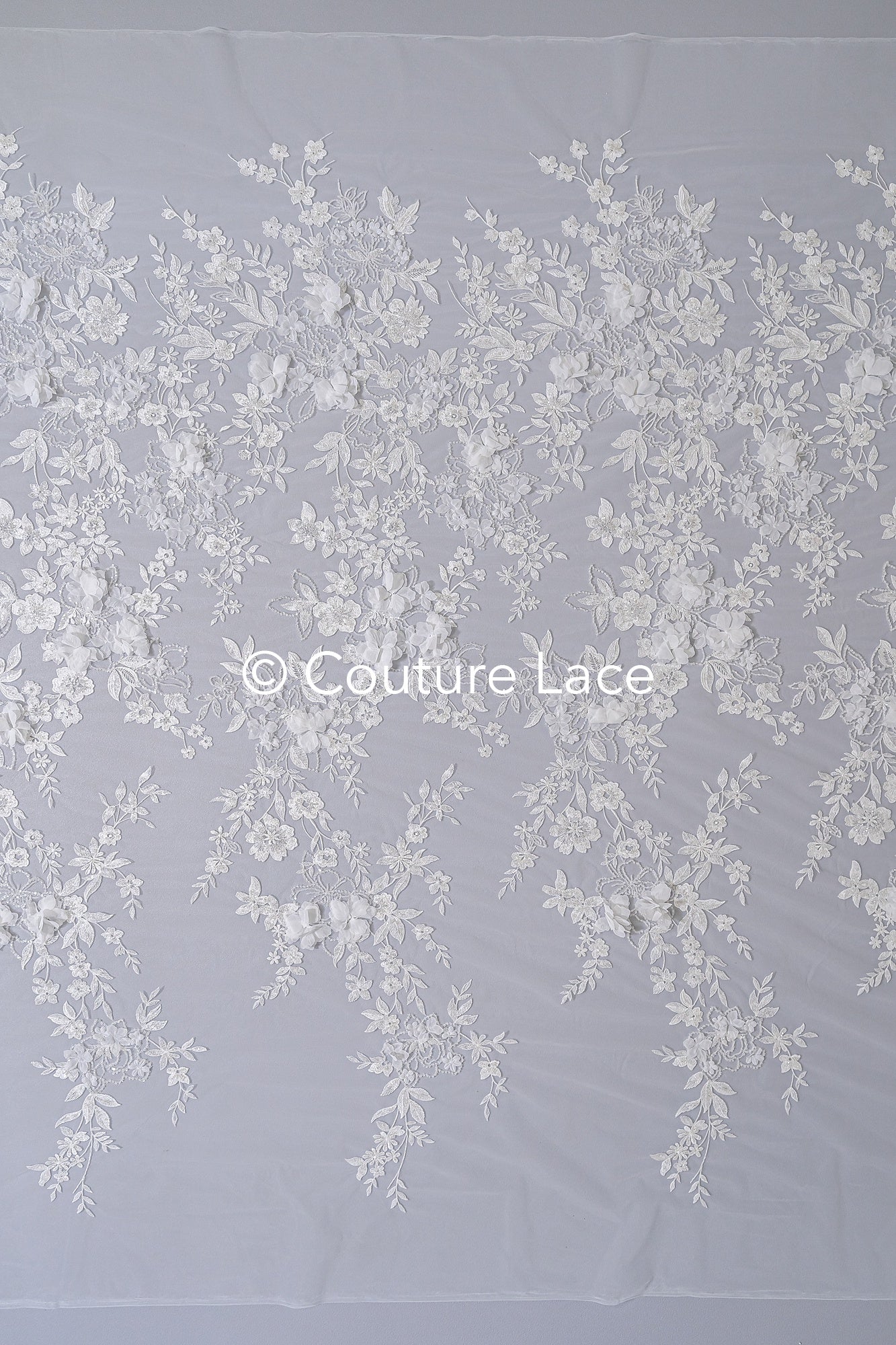 3D flower lace fabric/ bridal lace fabric/ romantic lace fabric with 3D flowers & pearls// L24-705