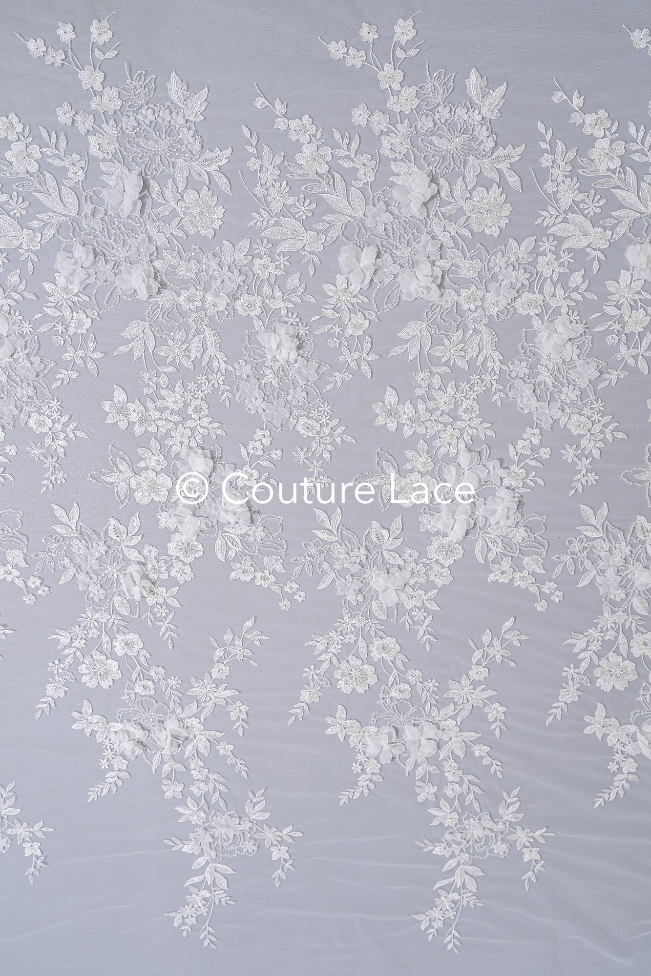 3D flower lace fabric/ bridal lace fabric/ romantic lace fabric with 3D flowers & pearls// L24-705