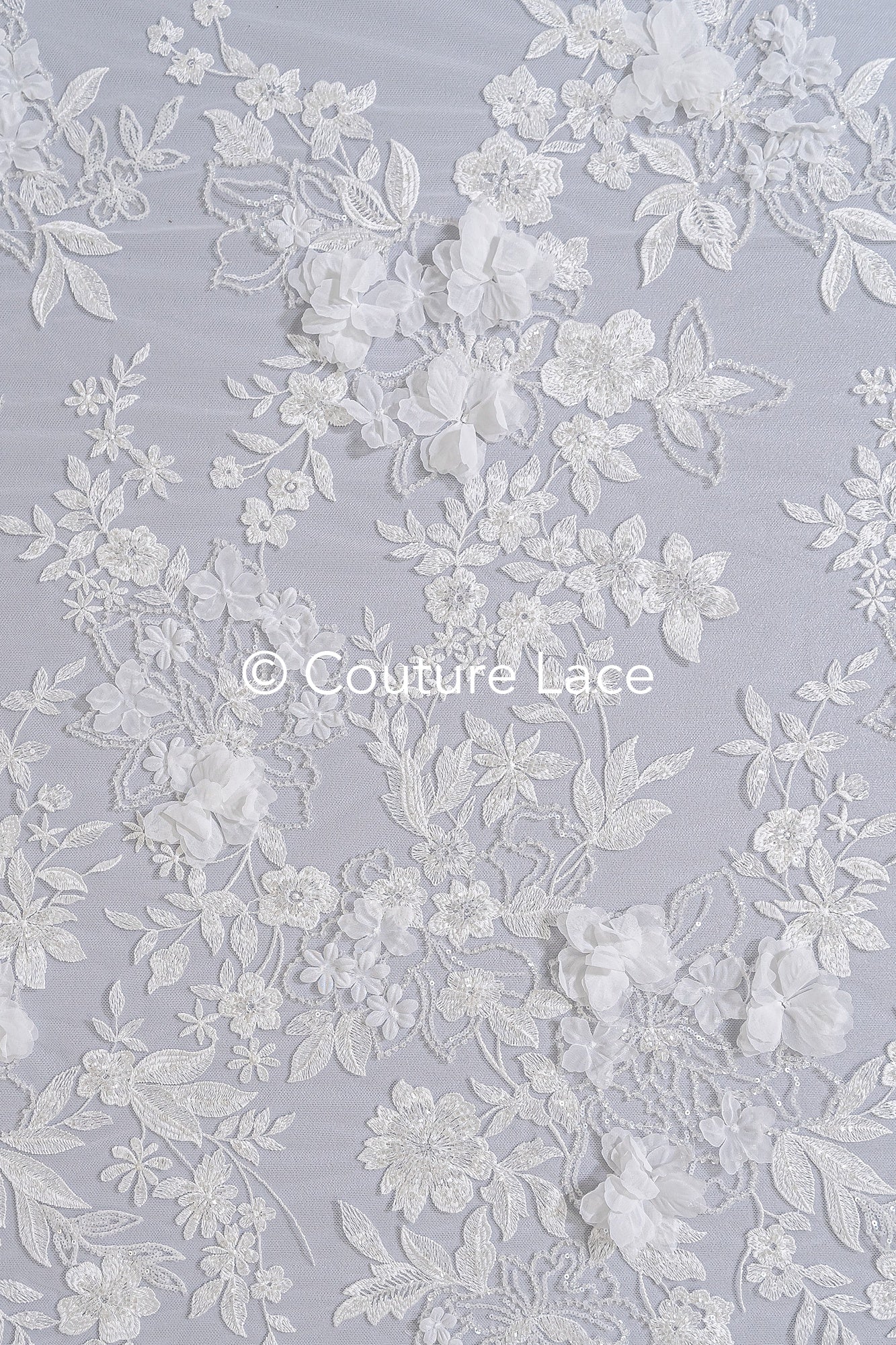 3D flower lace fabric/ bridal lace fabric/ romantic lace fabric with 3D flowers & pearls// L24-705