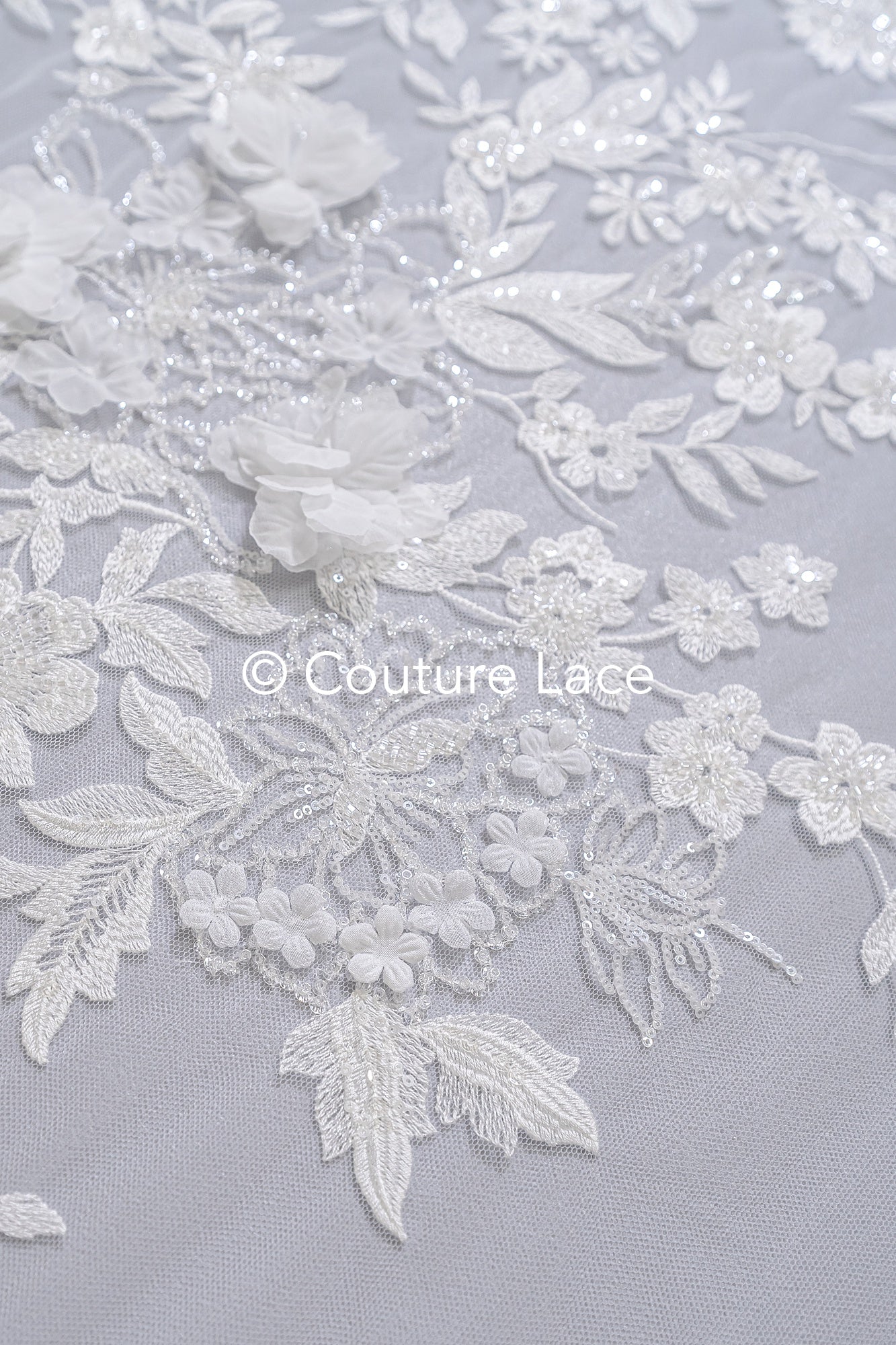 3D flower lace fabric/ bridal lace fabric/ romantic lace fabric with 3D flowers & pearls// L24-705