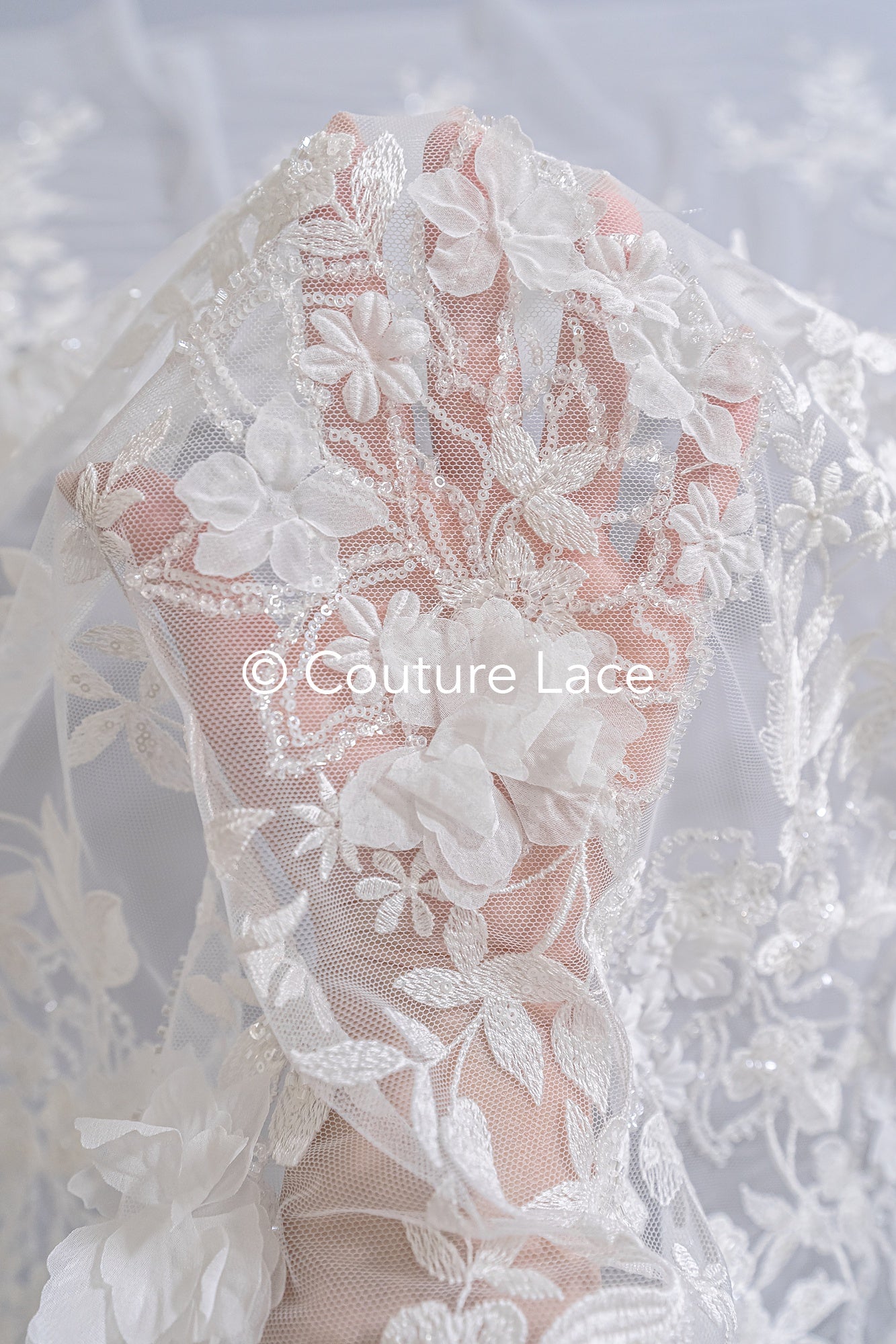 3D flower lace fabric/ bridal lace fabric/ romantic lace fabric with 3D flowers & pearls// L24-705