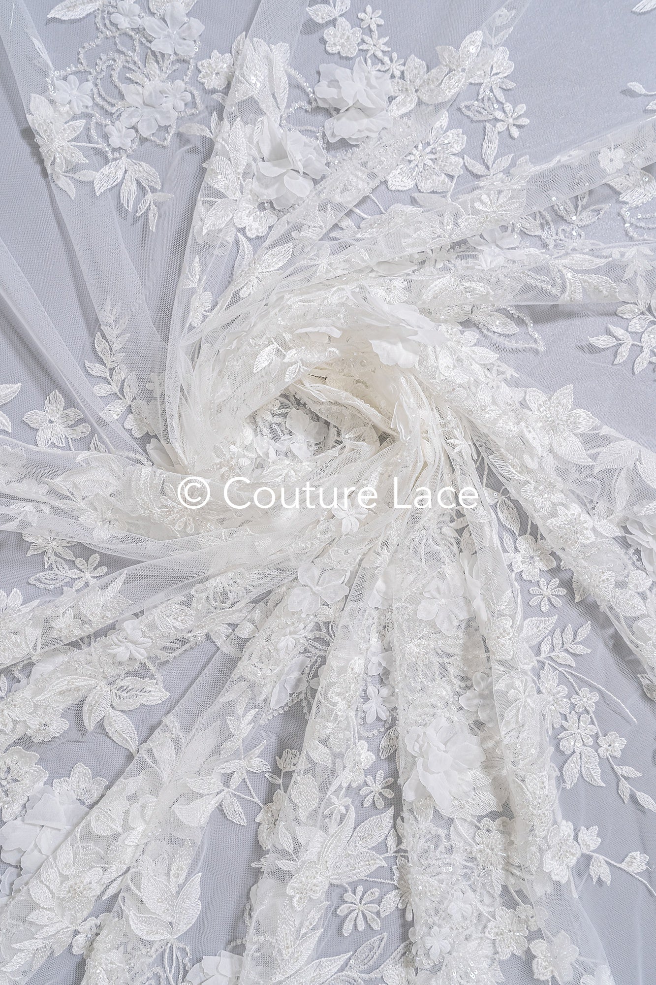 3D flower lace fabric/ bridal lace fabric/ romantic lace fabric with 3D flowers & pearls// L24-705