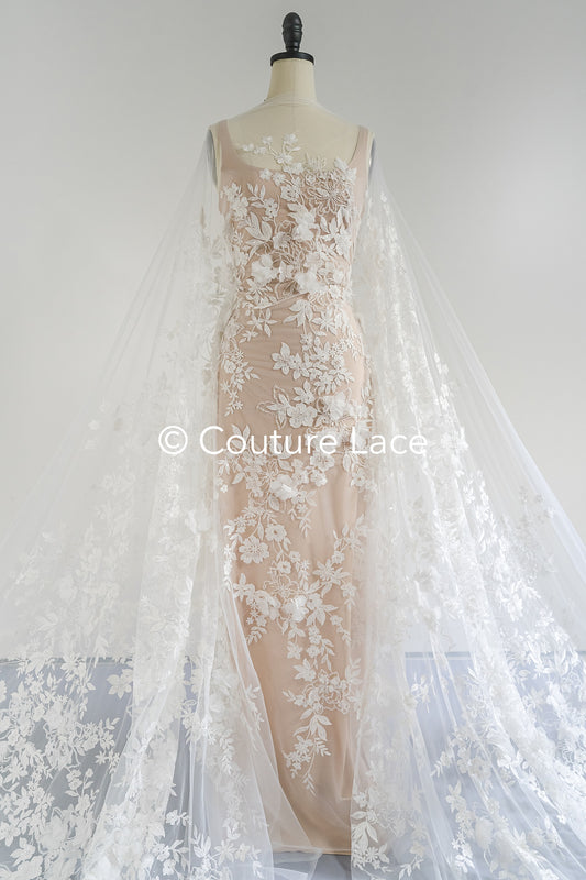 3D Blumen-Spitzenstoff/ Braut-Spitzenstoff/ Romantischer Spitzenstoff mit 3D Blumen & Perlen// L24-705