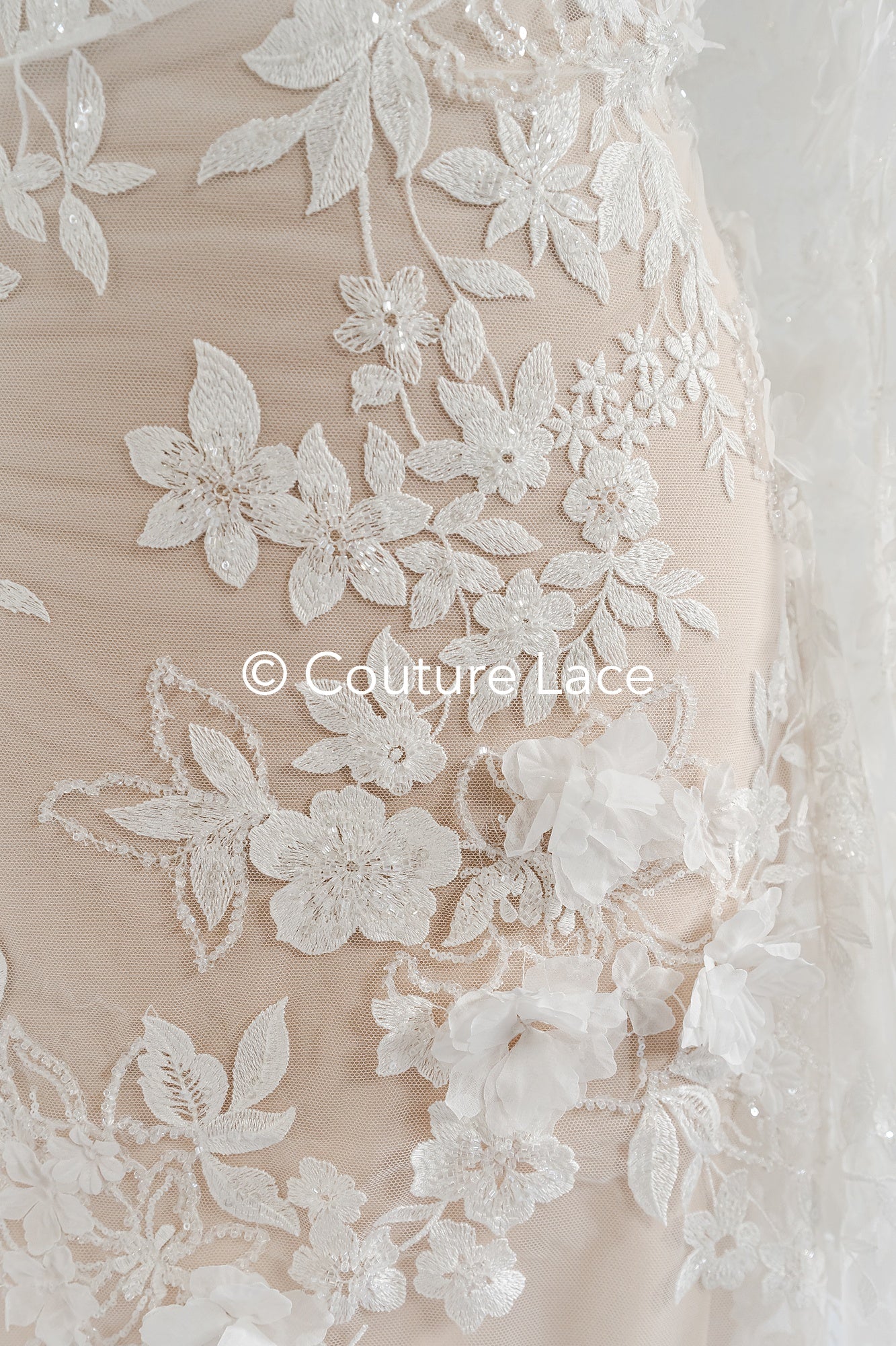 3D flower lace fabric/ bridal lace fabric/ romantic lace fabric with 3D flowers & pearls// L24-705