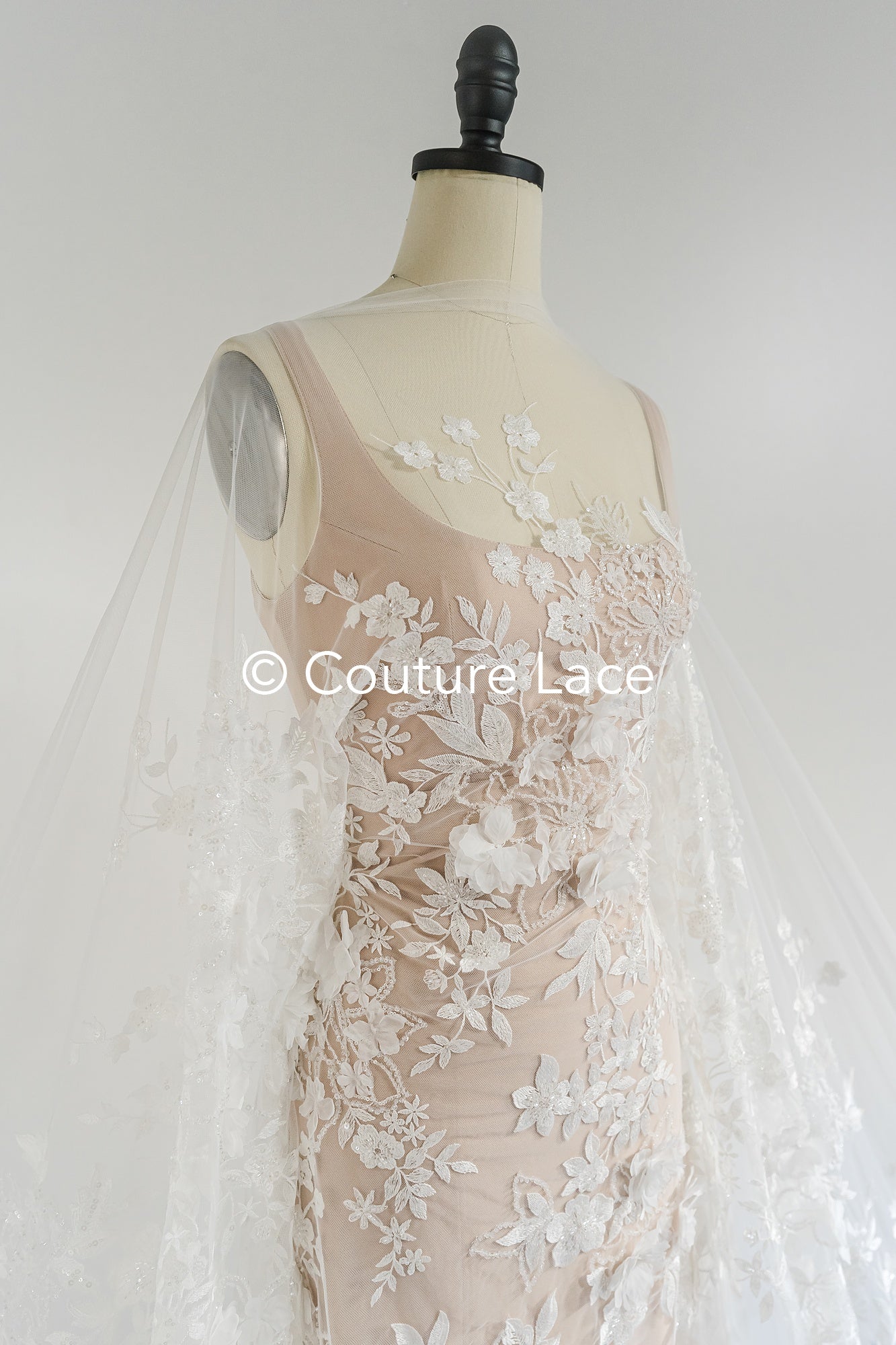 3D flower lace fabric/ bridal lace fabric/ romantic lace fabric with 3D flowers & pearls// L24-705