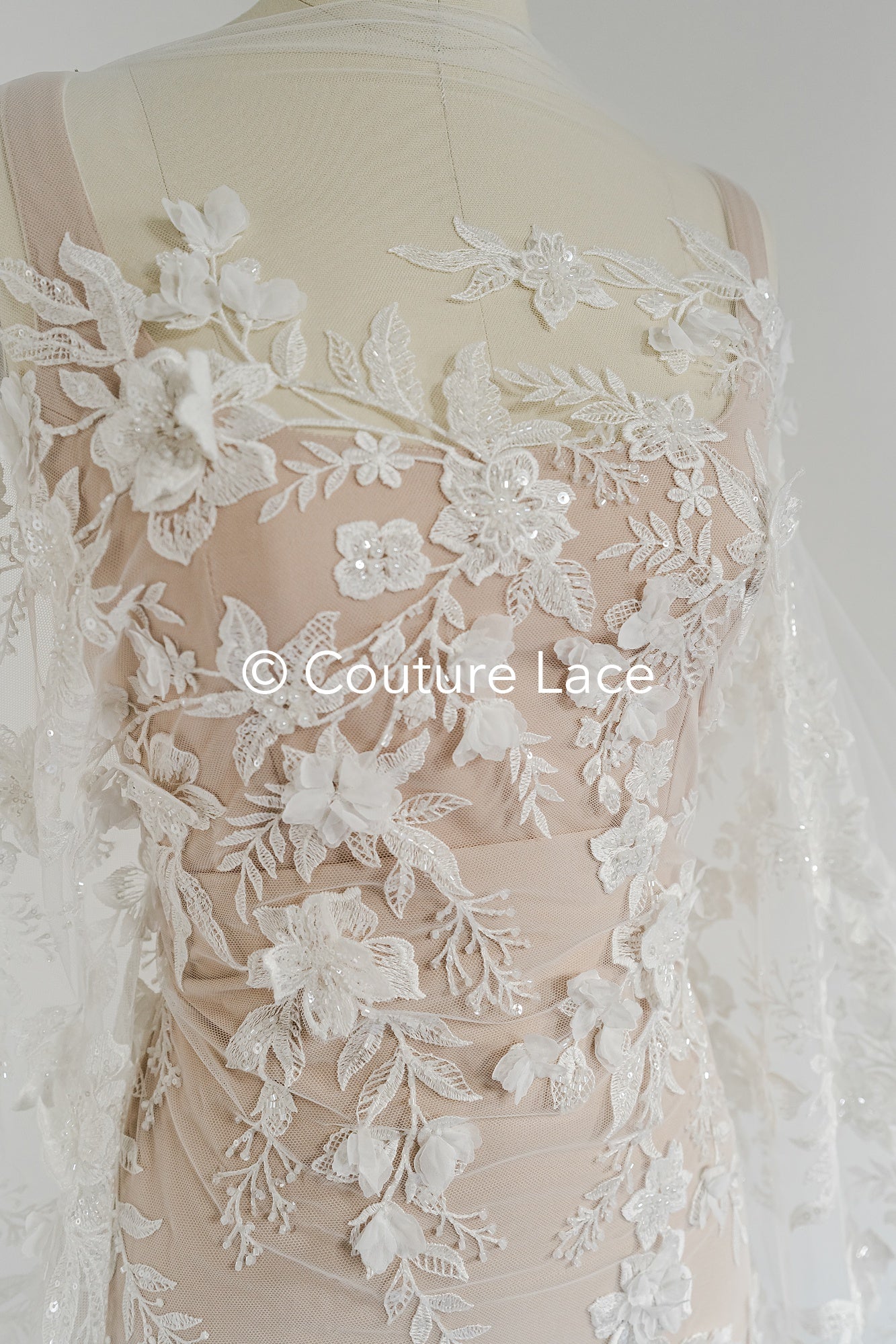 3D flower lace fabric/ bridal lace fabric/ romantic lace fabric with 3D flowers & pearls// L24-706