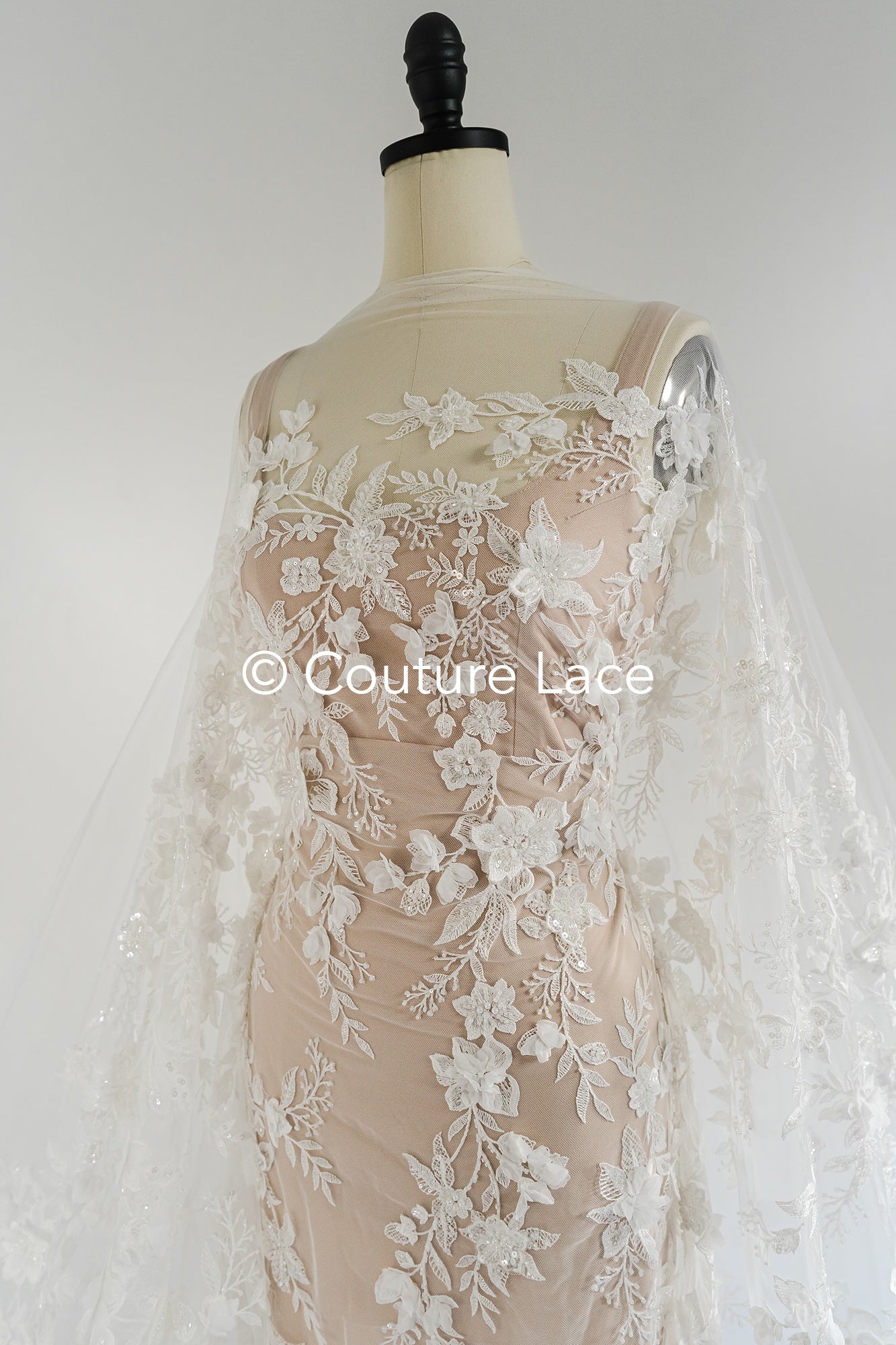 3D flower lace fabric/ bridal lace fabric/ romantic lace fabric with 3D flowers & pearls// L24-706