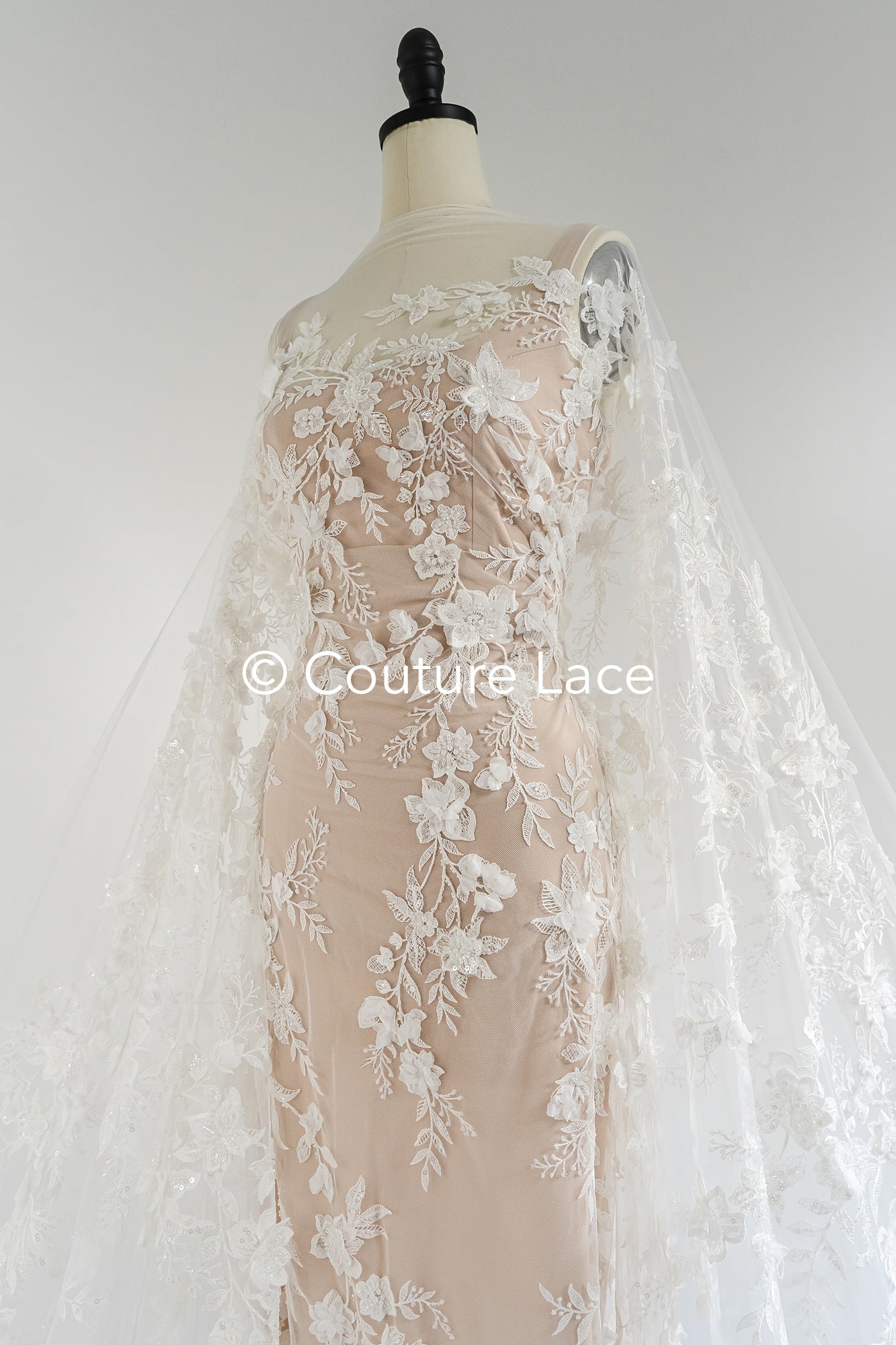3D flower lace fabric/ bridal lace fabric/ romantic lace fabric with 3D flowers & pearls// L24-706