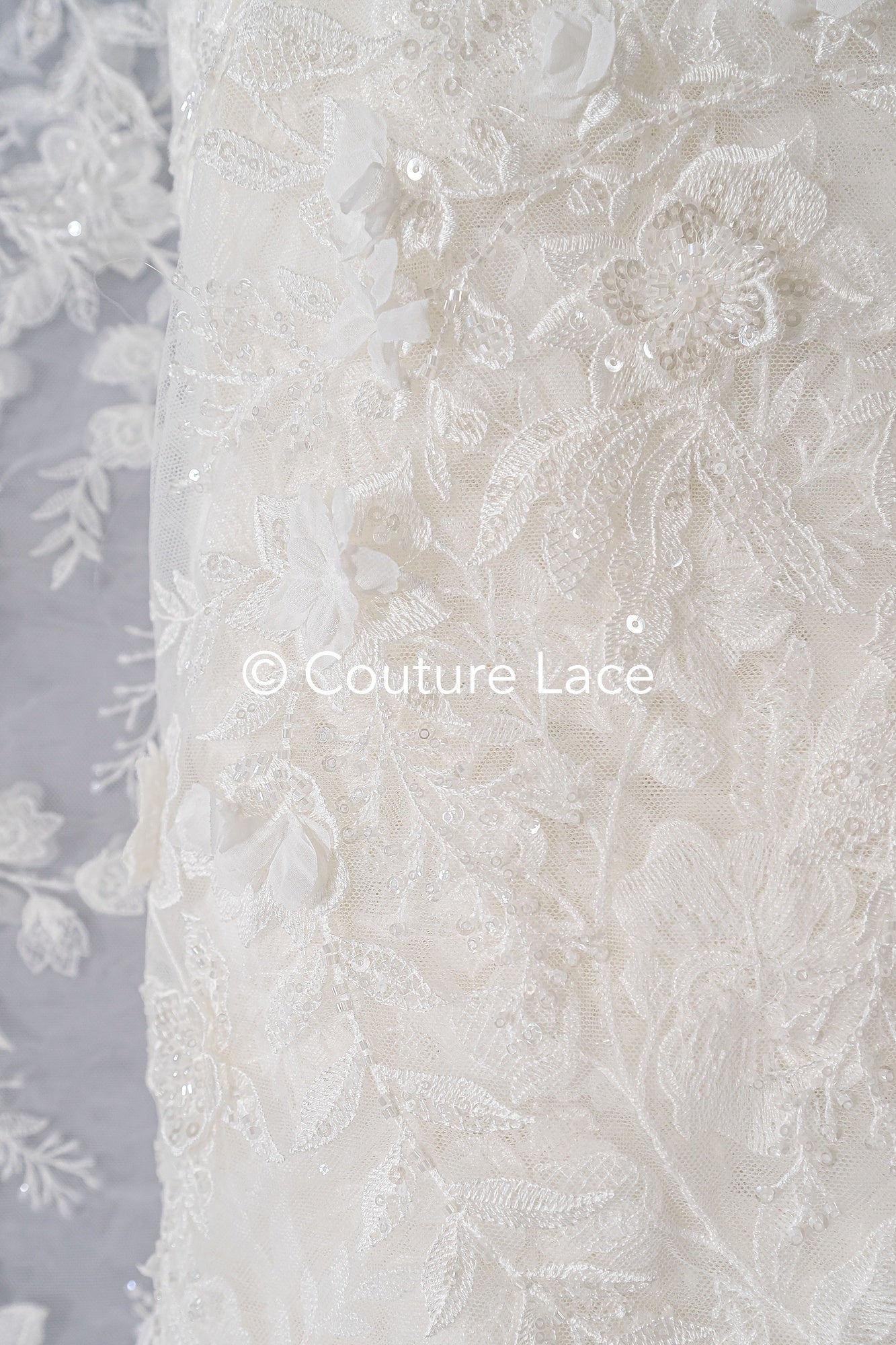 3D flower lace fabric/ bridal lace fabric/ romantic lace fabric with 3D flowers & pearls// L24-706